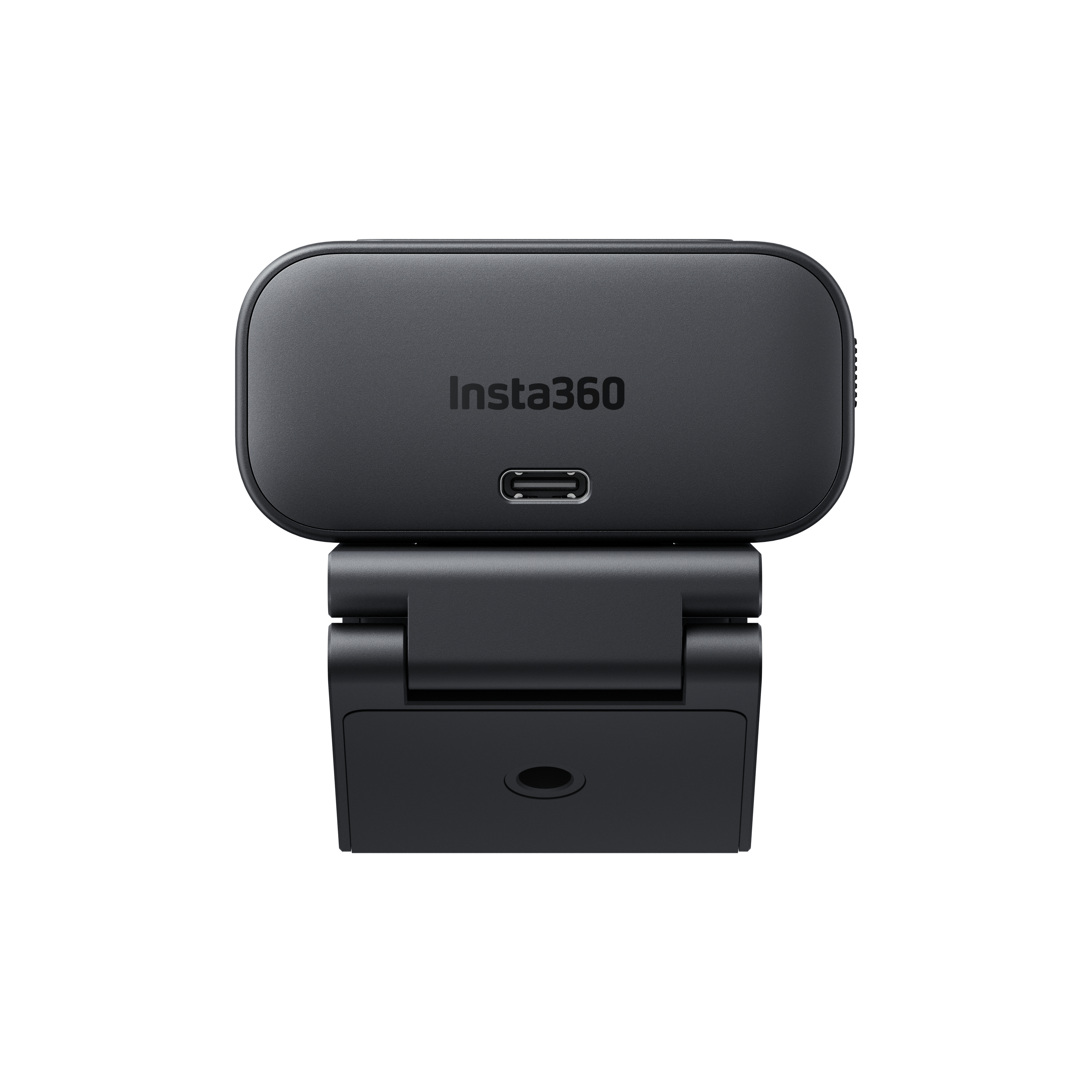 Schwarzes Insta360-Gerät, Vorderansicht, mit USB-C-Anschluss und ausklappbarem Teil.
