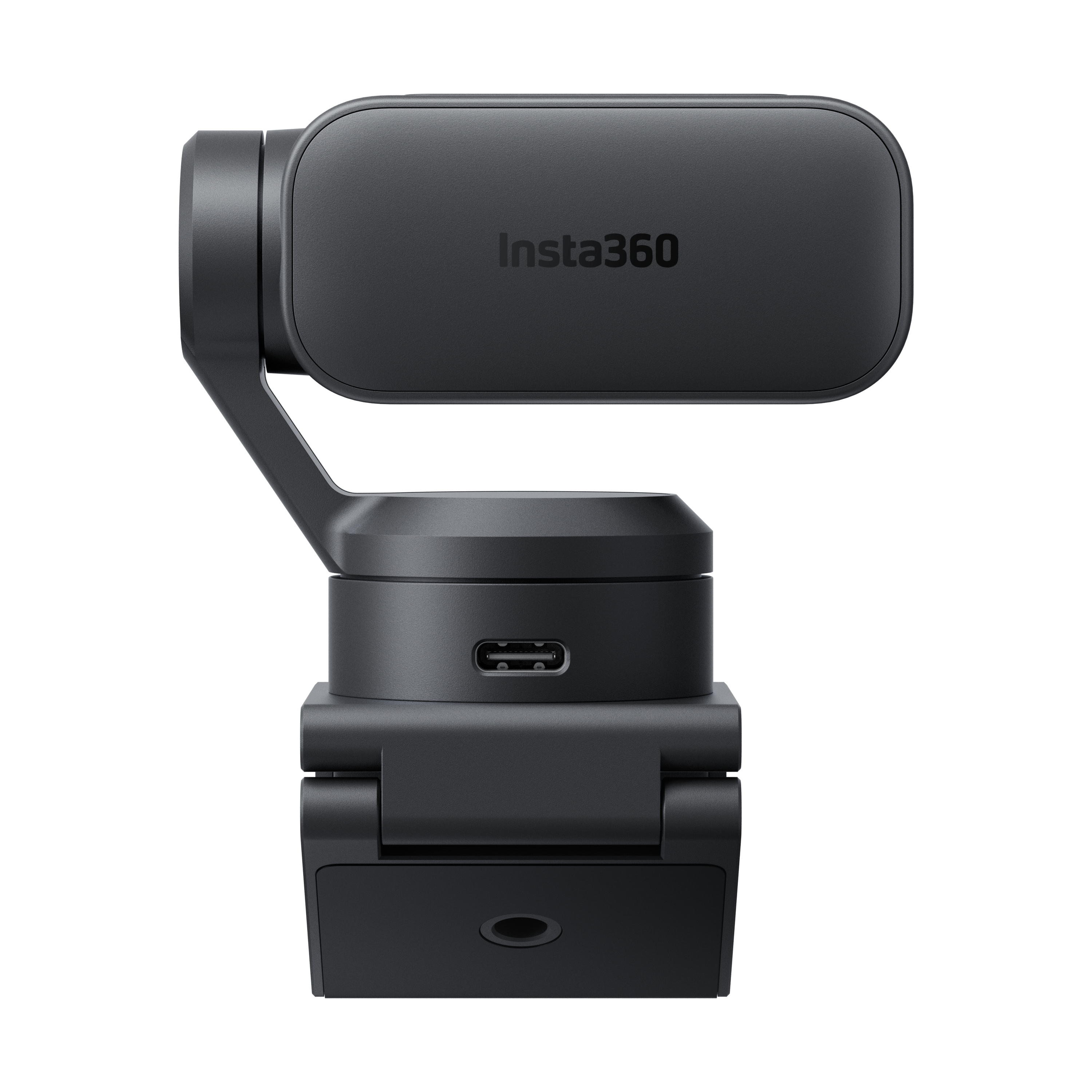 Schwarze Webcam mit Insta360-Logo. Seitenansicht. Weißer Hintergrund.