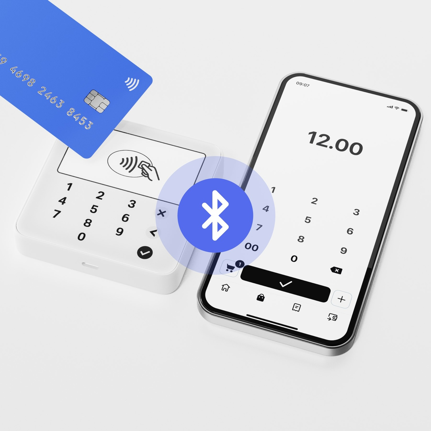 Configurazione pagamento: carta sopra lettore, simbolo Bluetooth, schermo telefono.