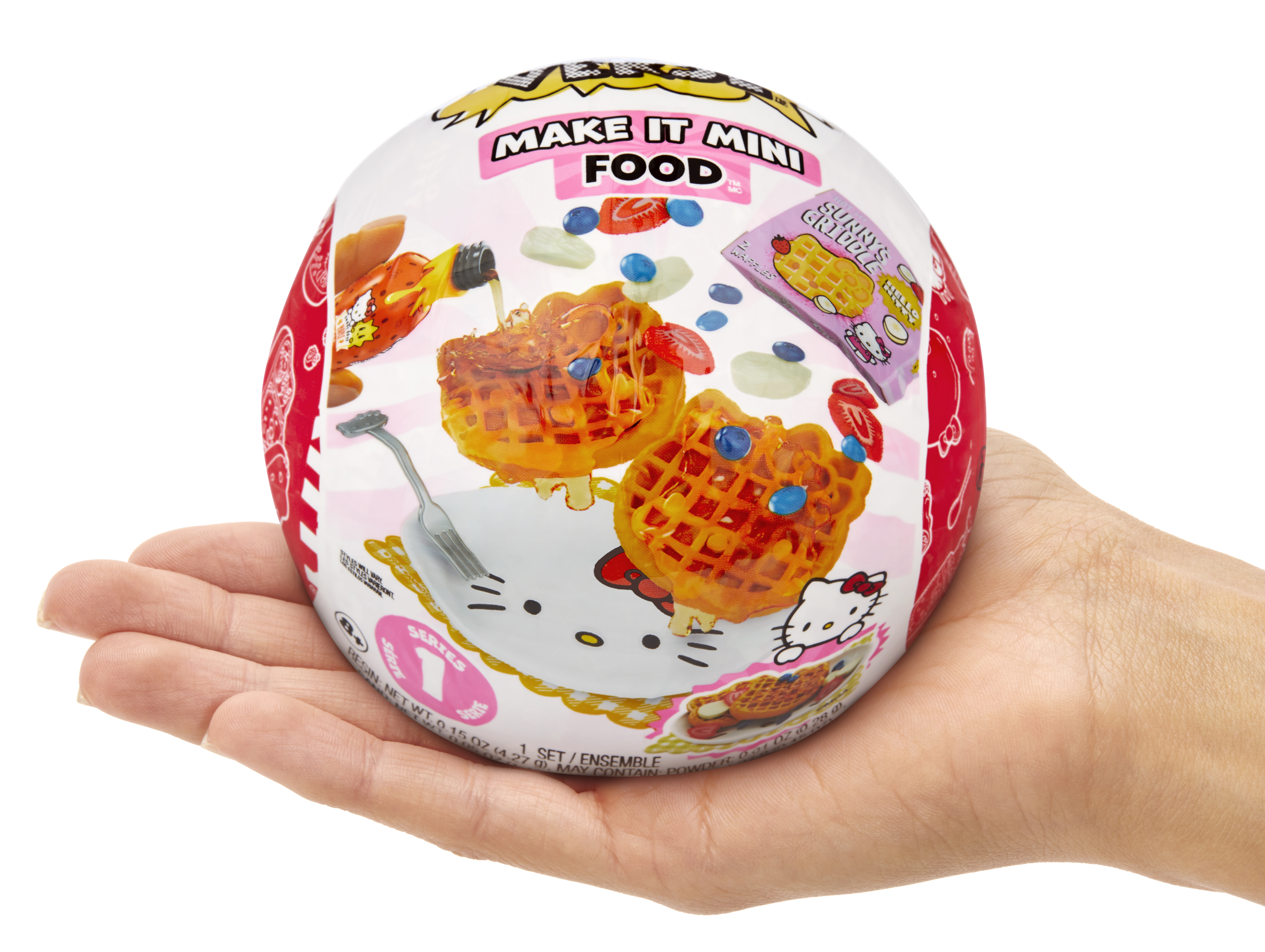 Eine Hand, die einen runden Behälter mit Essen und den Worten 'Make it Mini Food' hält.