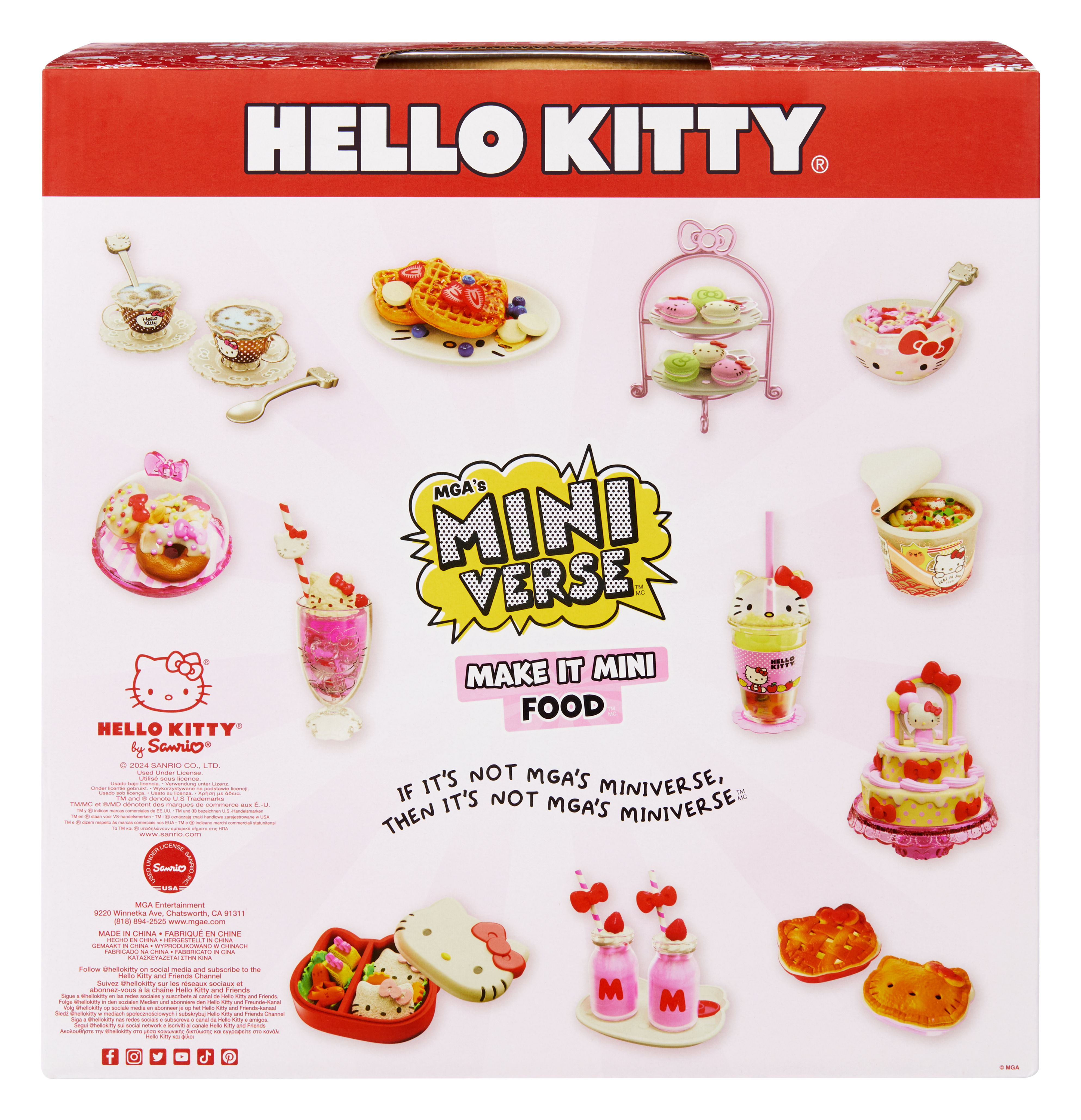 Eine Präsentation von Miniatur-Hello Kitty-Lebensmitteln und Verpackungen aus der Mini Verse-Serie.
