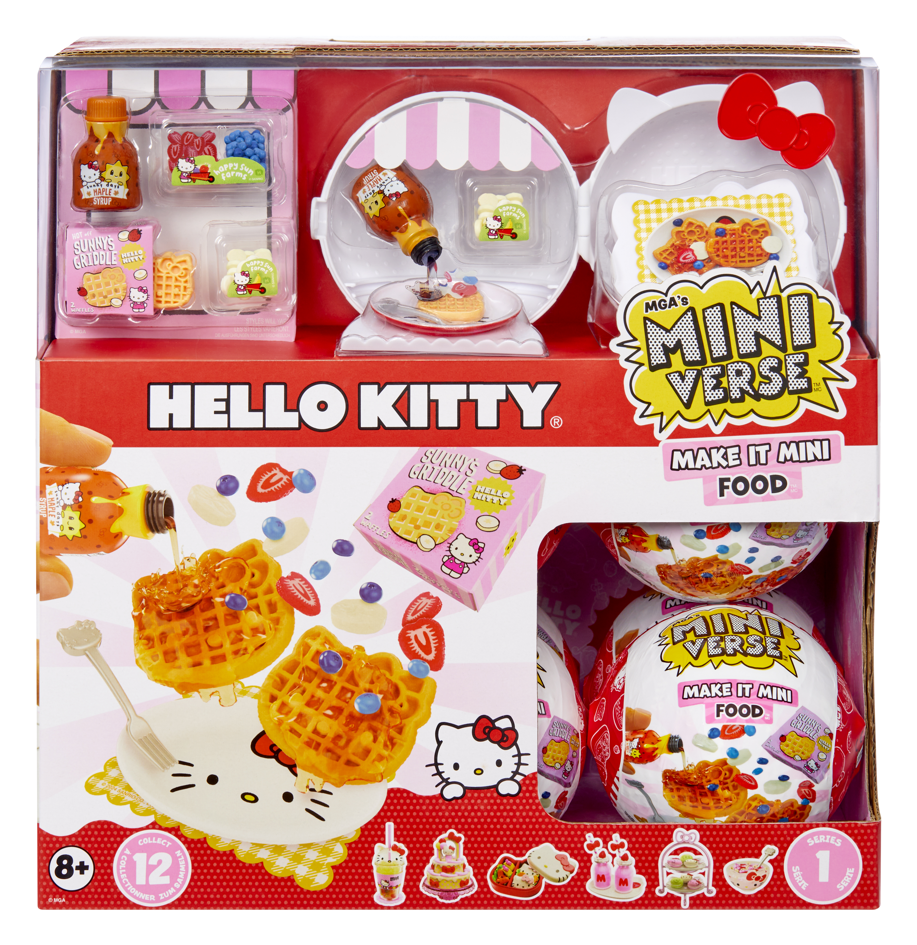 Hello Kitty Mini Verse Lebensmittel-Set-Box. Enthält Spielzeug-Lebensmittel und Zubehör, farbenfrohes Design.