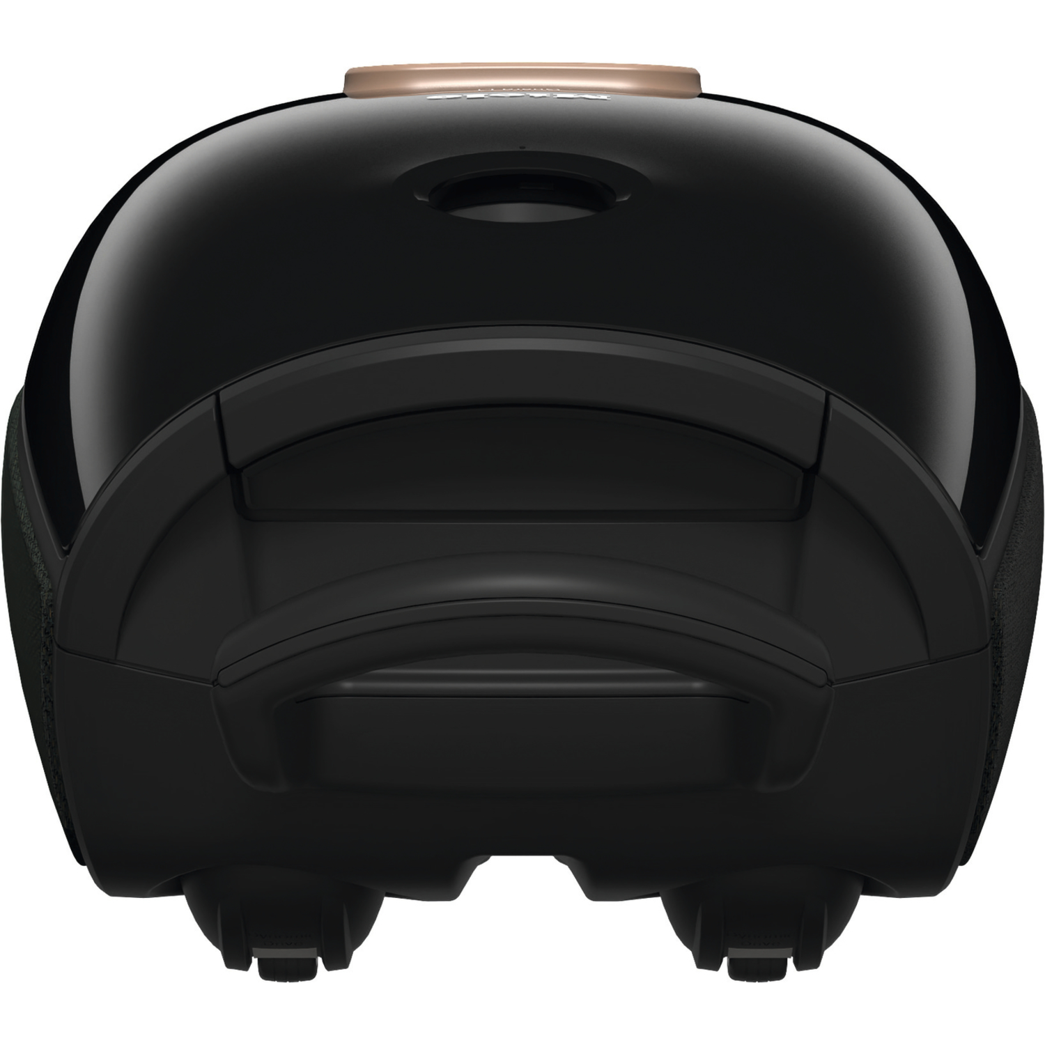 Back of a black, round, and shiny luggage.