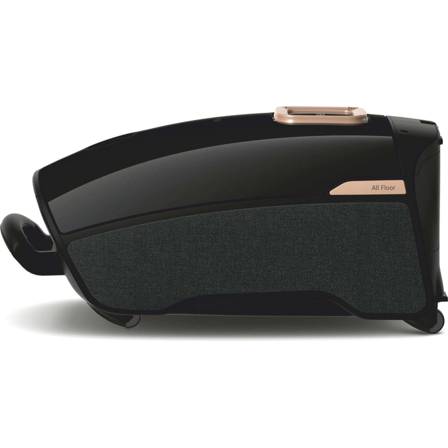 Black vacuum cleaner with gray fabric. Gold accents, handle. All floor label visible.