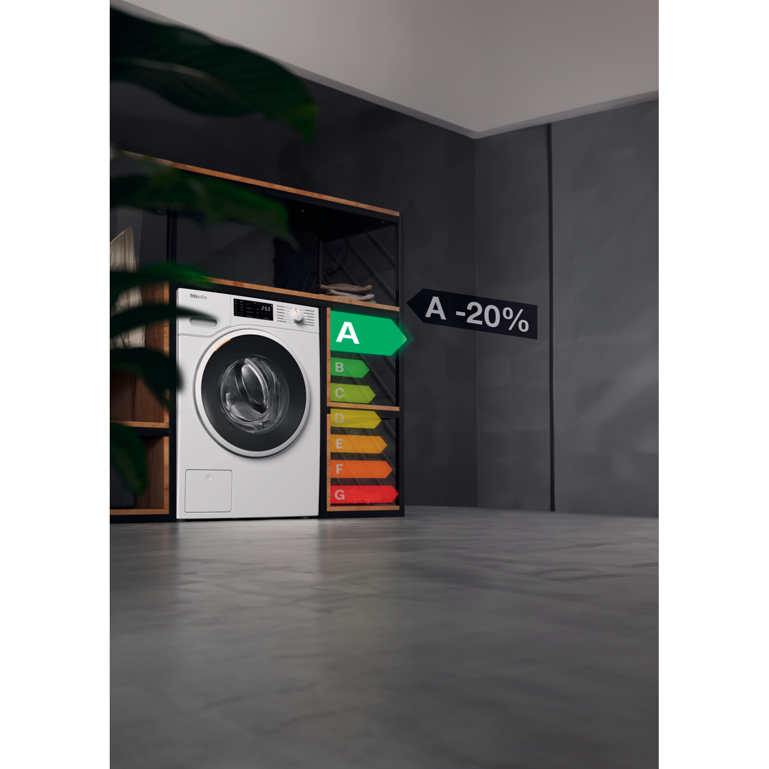 A washing machine with an energy label and a wooden shelf in a modern laundry room.