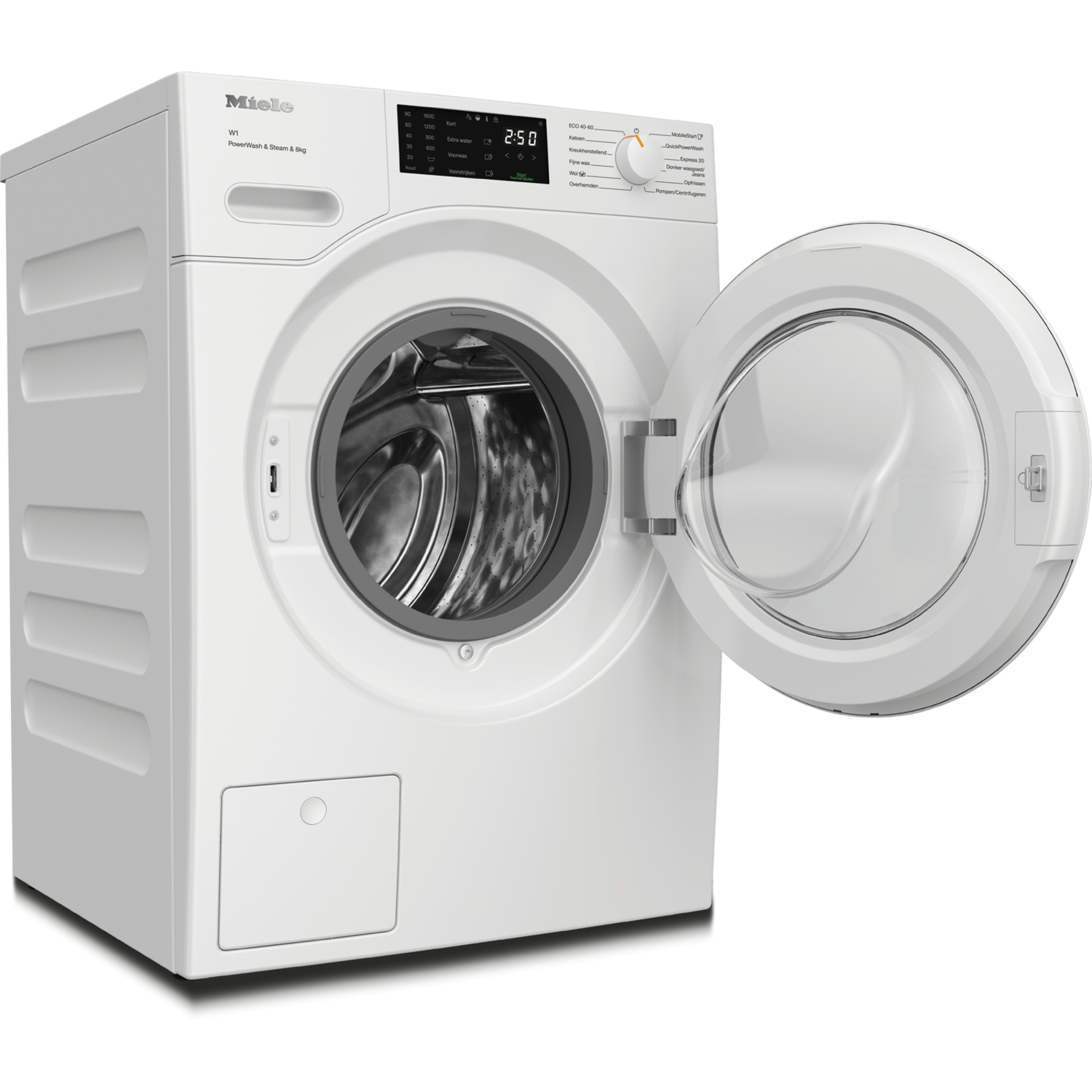 White washing machine with open door. Display shows time and settings. Black door seal and black drum.