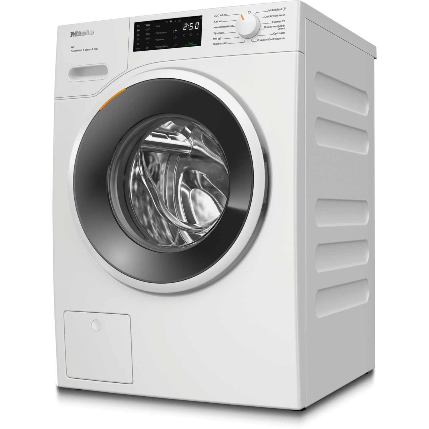 White washing machine, slightly angled. Display shows time, settings. Black door seal, drum and accents.