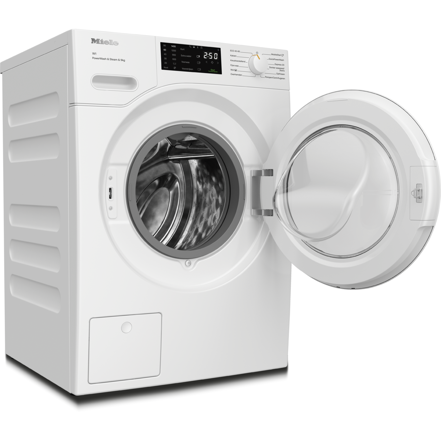 White washing machine with open door. Display and controls visible. Black door seal and drum.