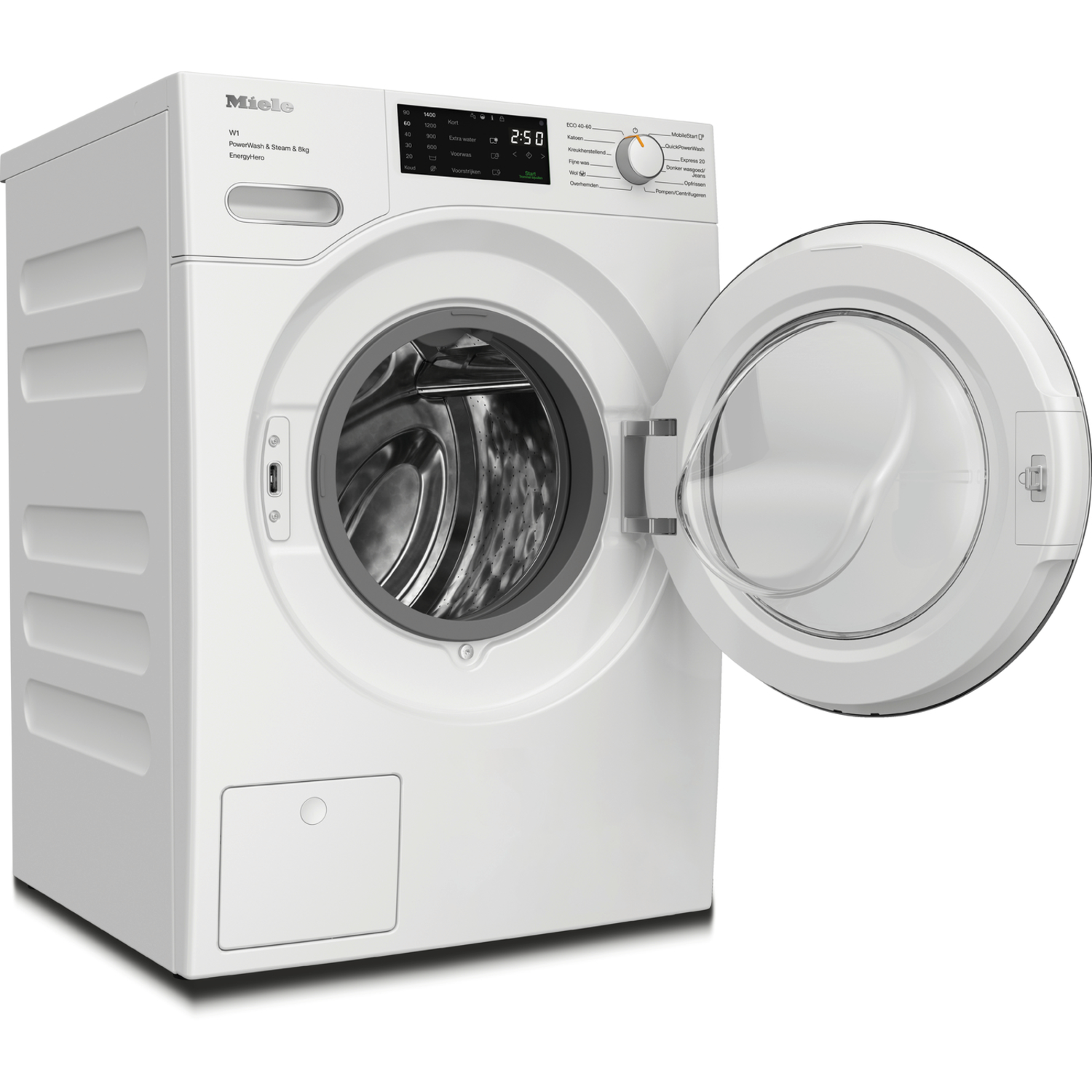 Witte Miele wasmachine met open deur. Display toont 2:50. Binnenkant zichtbaar.