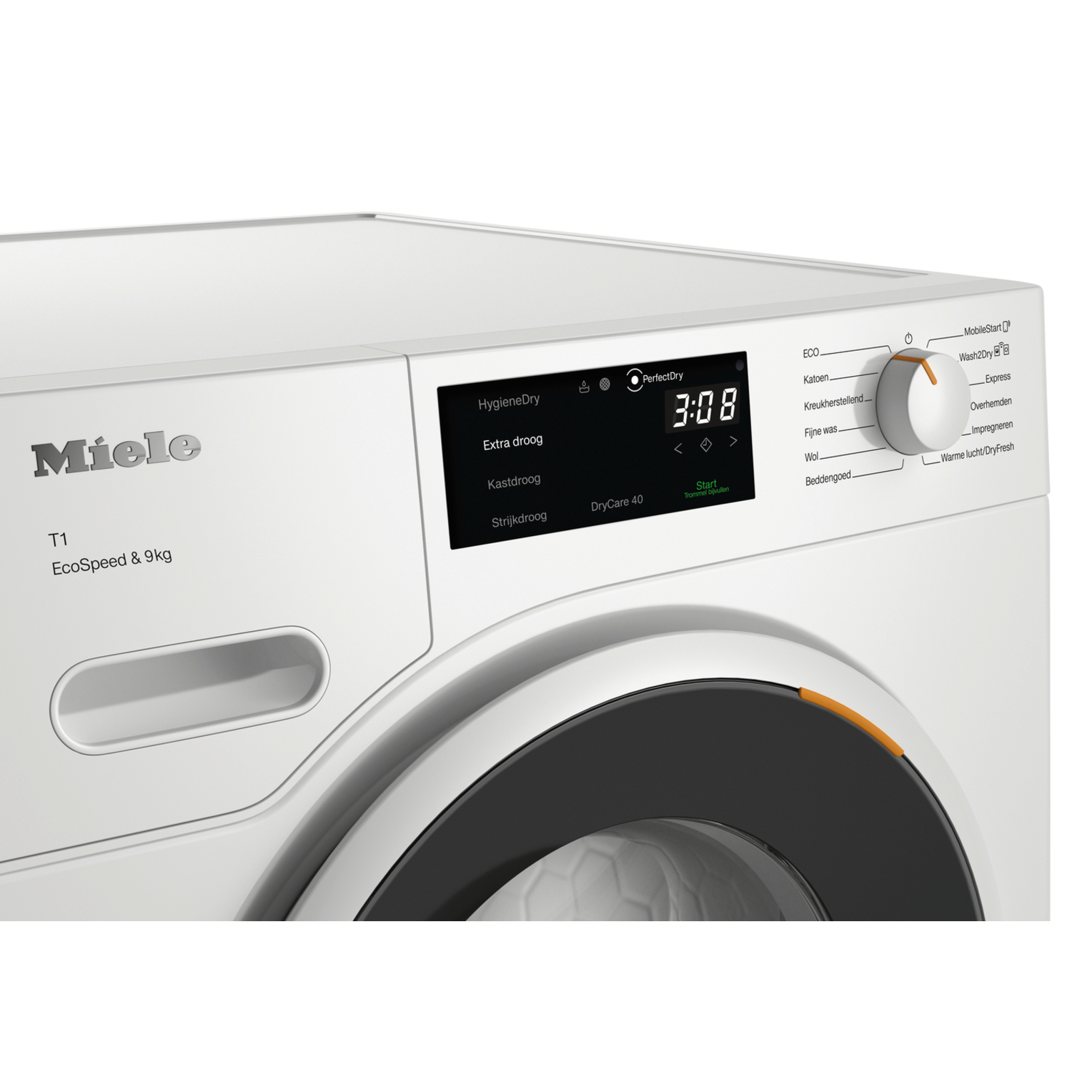 Close-up of Miele dryer panel. Shows display with time, settings. Dryer is white with black trim.