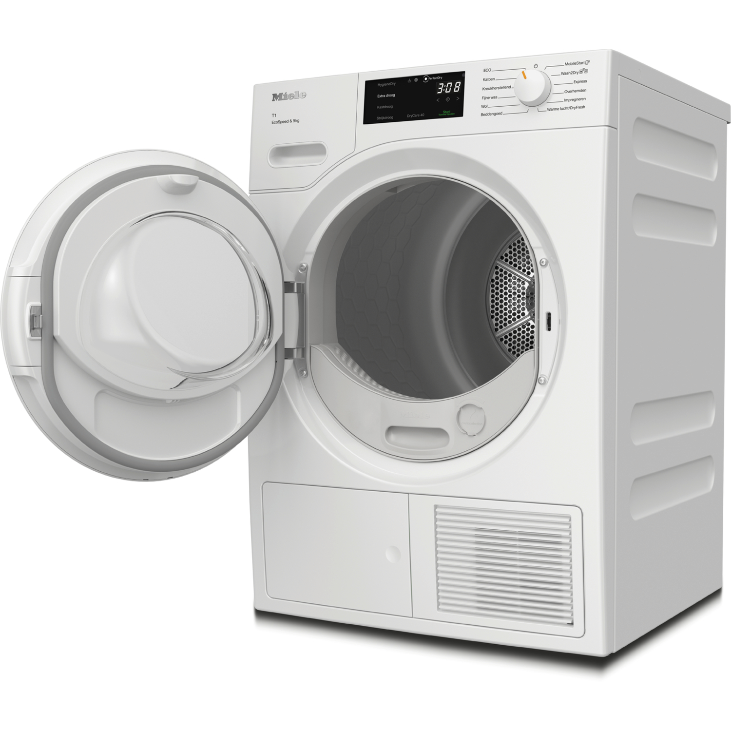 White Miele dryer with open door. Interior of the dryer visible, showing the drum, and controls.