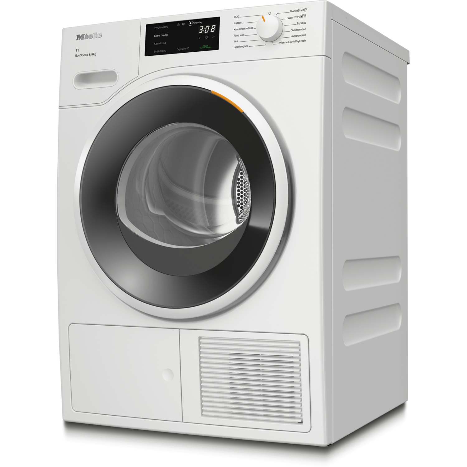White Miele dryer. Front view of the machine, showing the control panel, door, and lower vent.