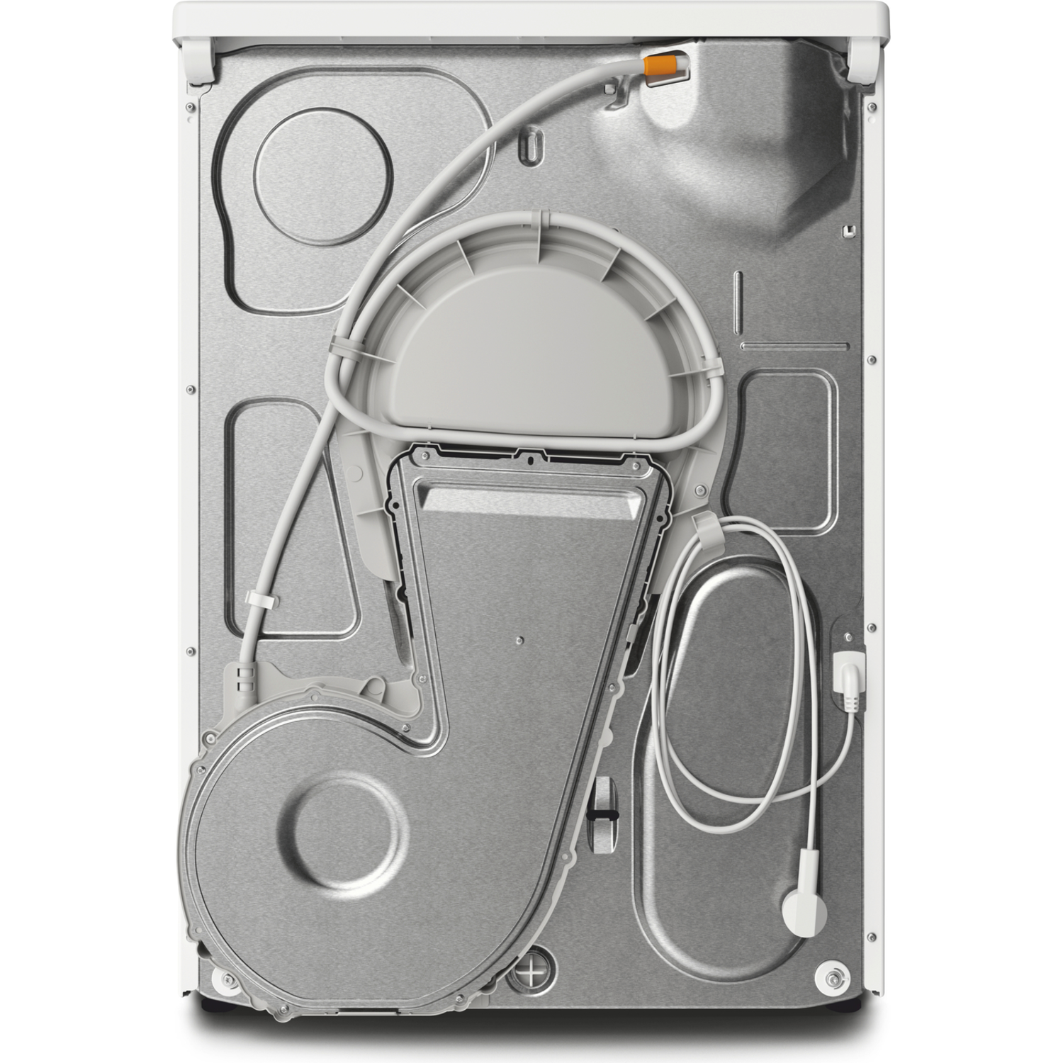 Back of a Miele dryer. Shows the internal components, including hoses and the power cord.