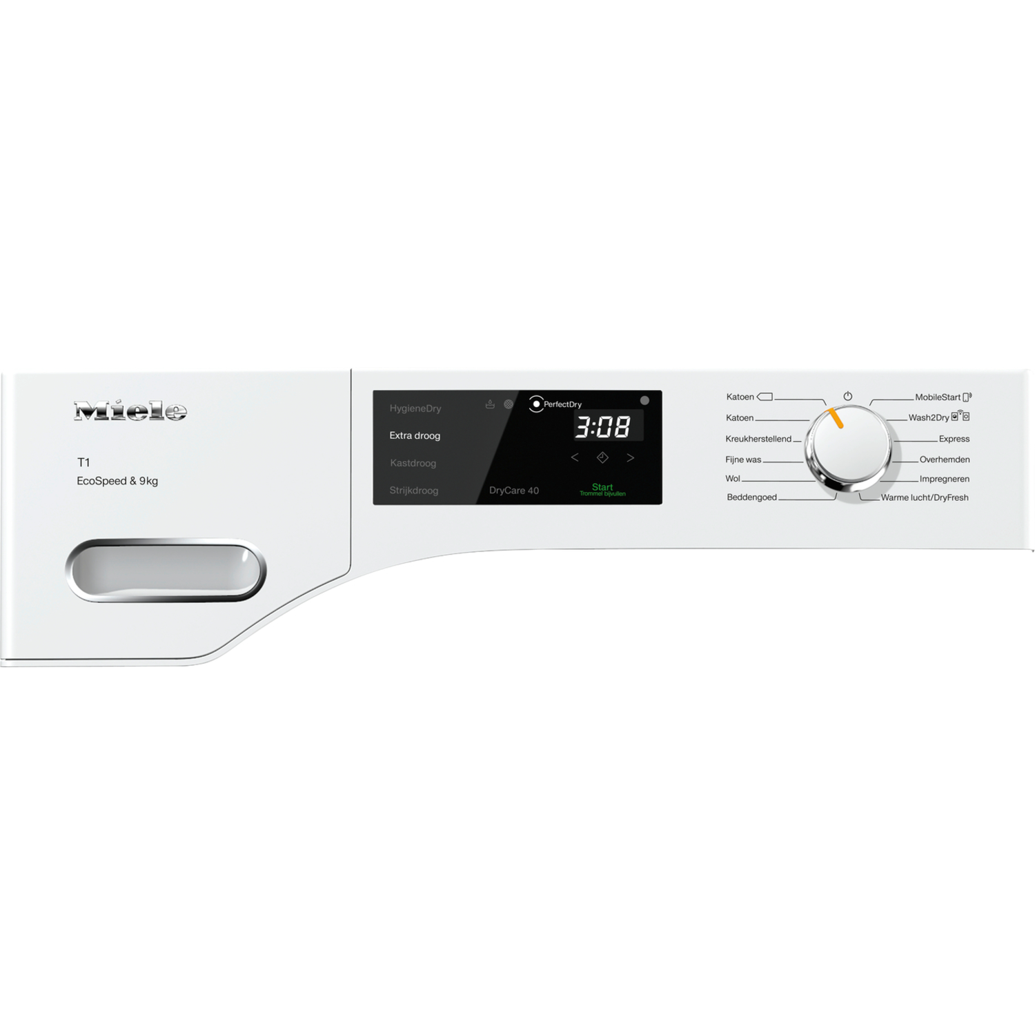 White Miele T1 EcoSpeed & 9kg dryer control panel. Displays, buttons, and program selector.