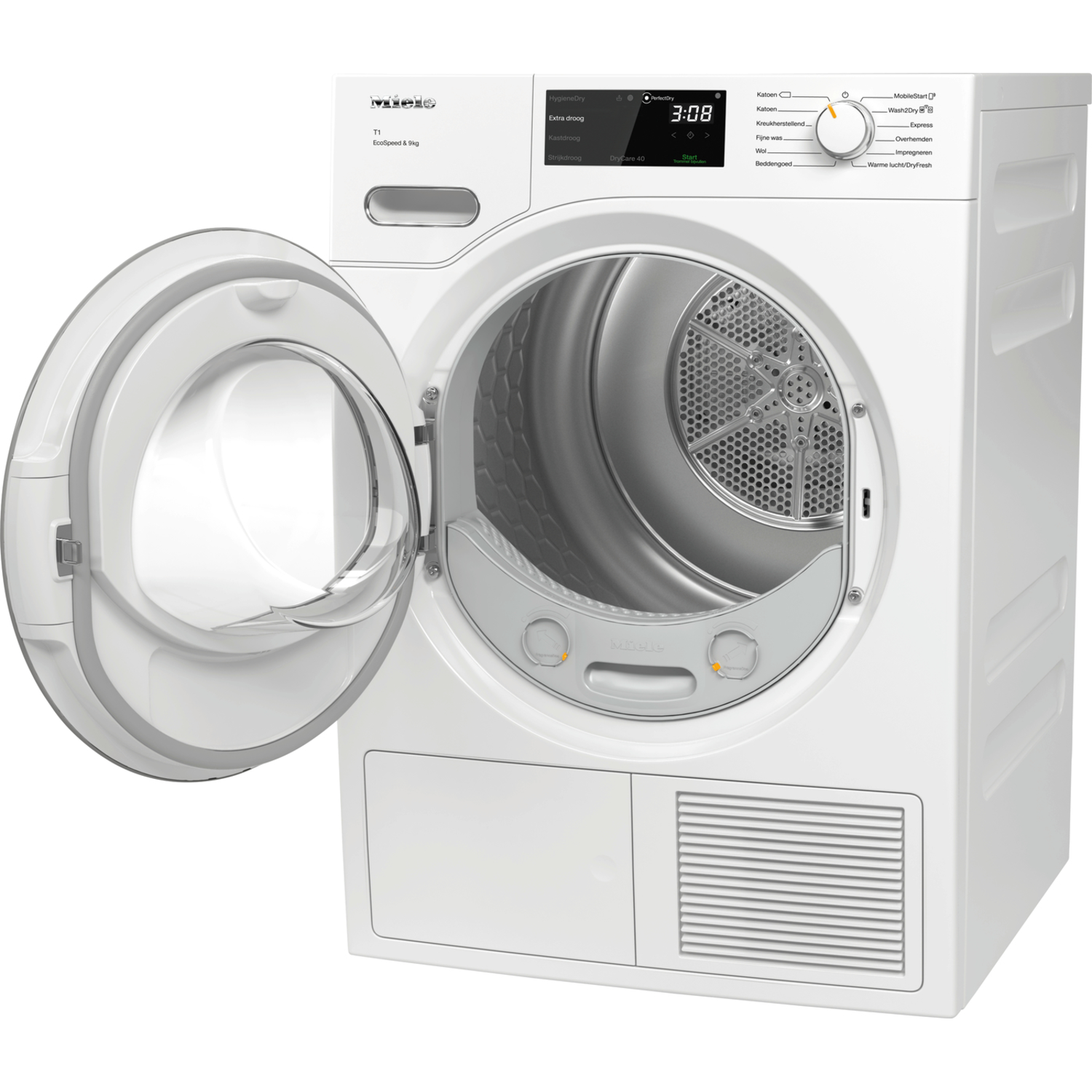 White Miele dryer with open door. Interior of the dryer visible, showing the drum, and controls.