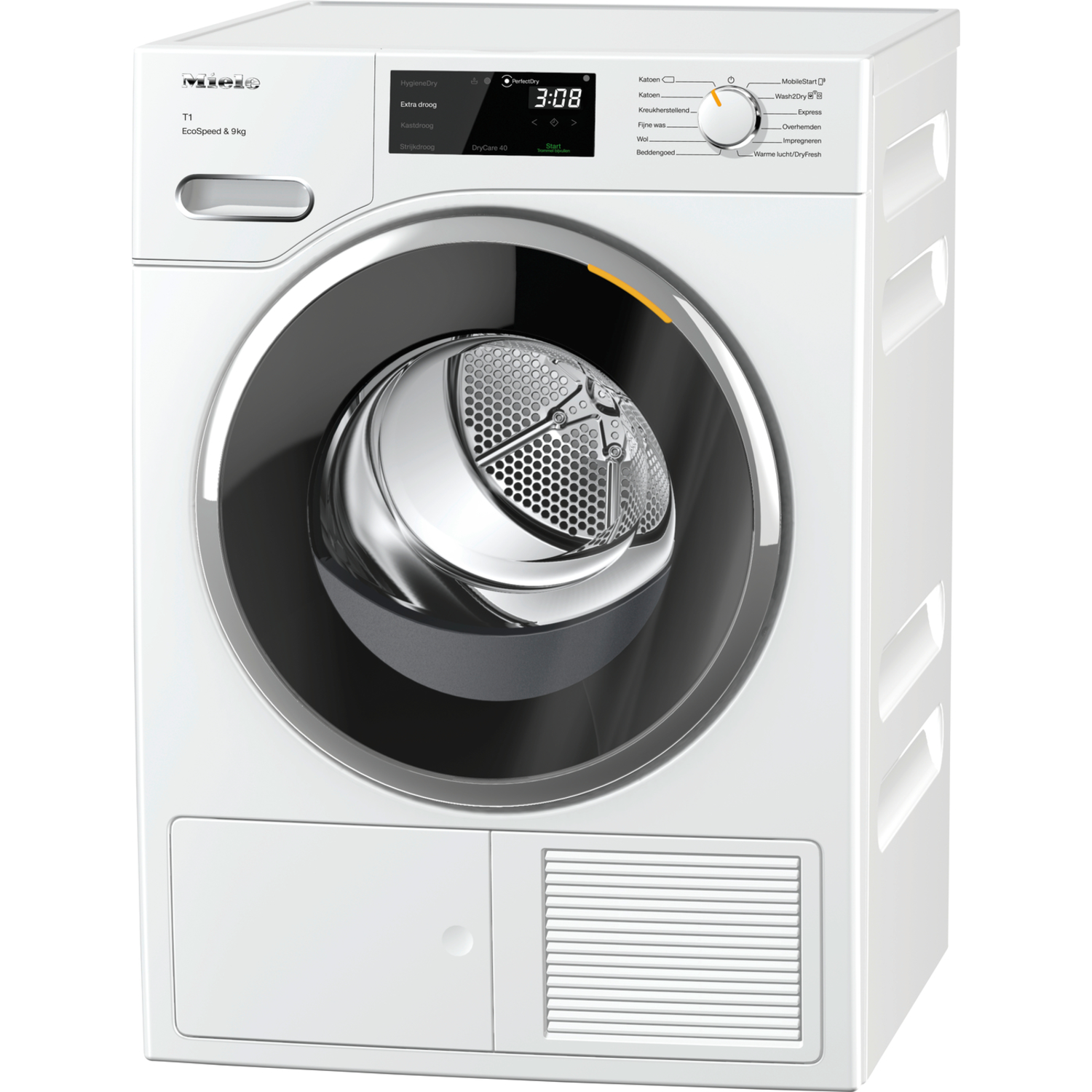 White Miele dryer. Front view of the machine, showing the control panel, door, and lower vent.