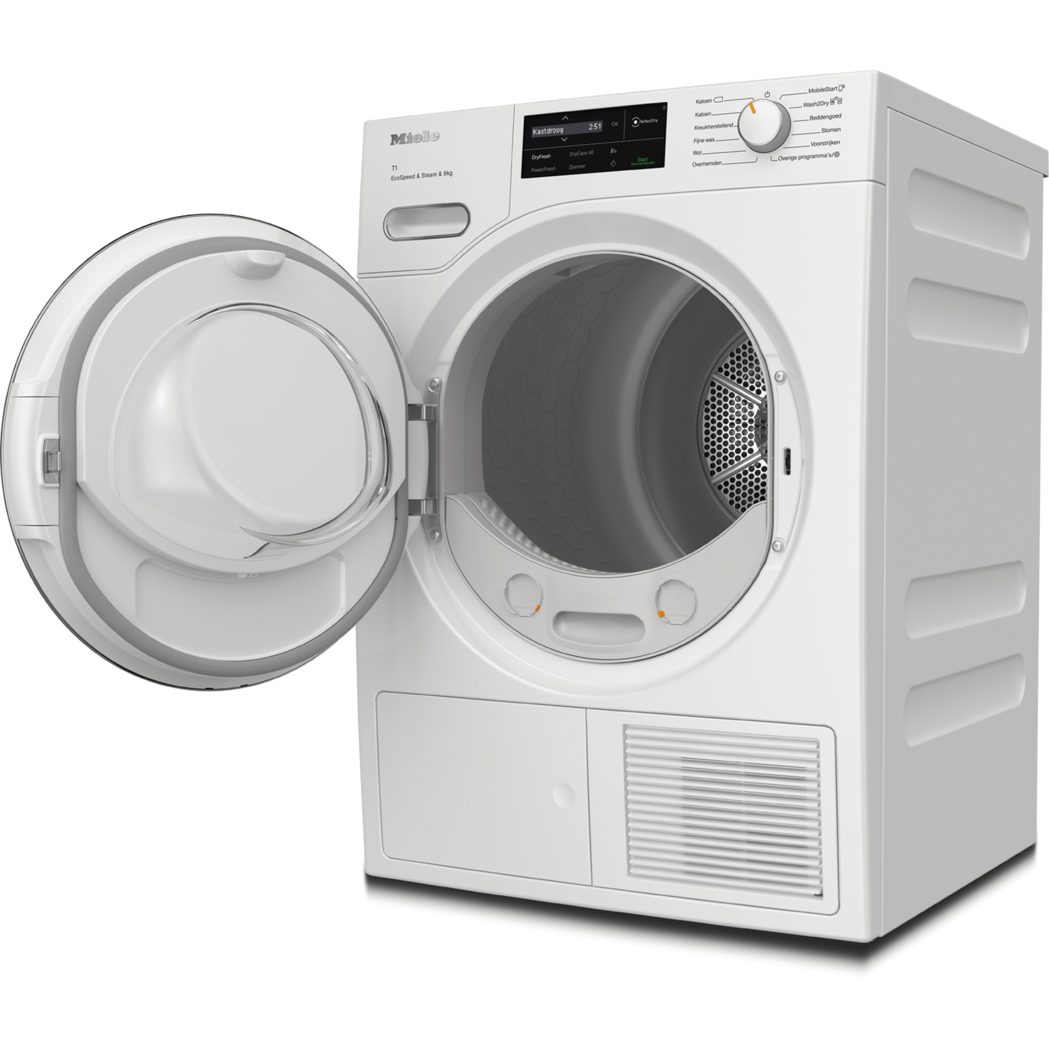 White Miele dryer with open door. Interior of the dryer visible, showing the drum, and controls.