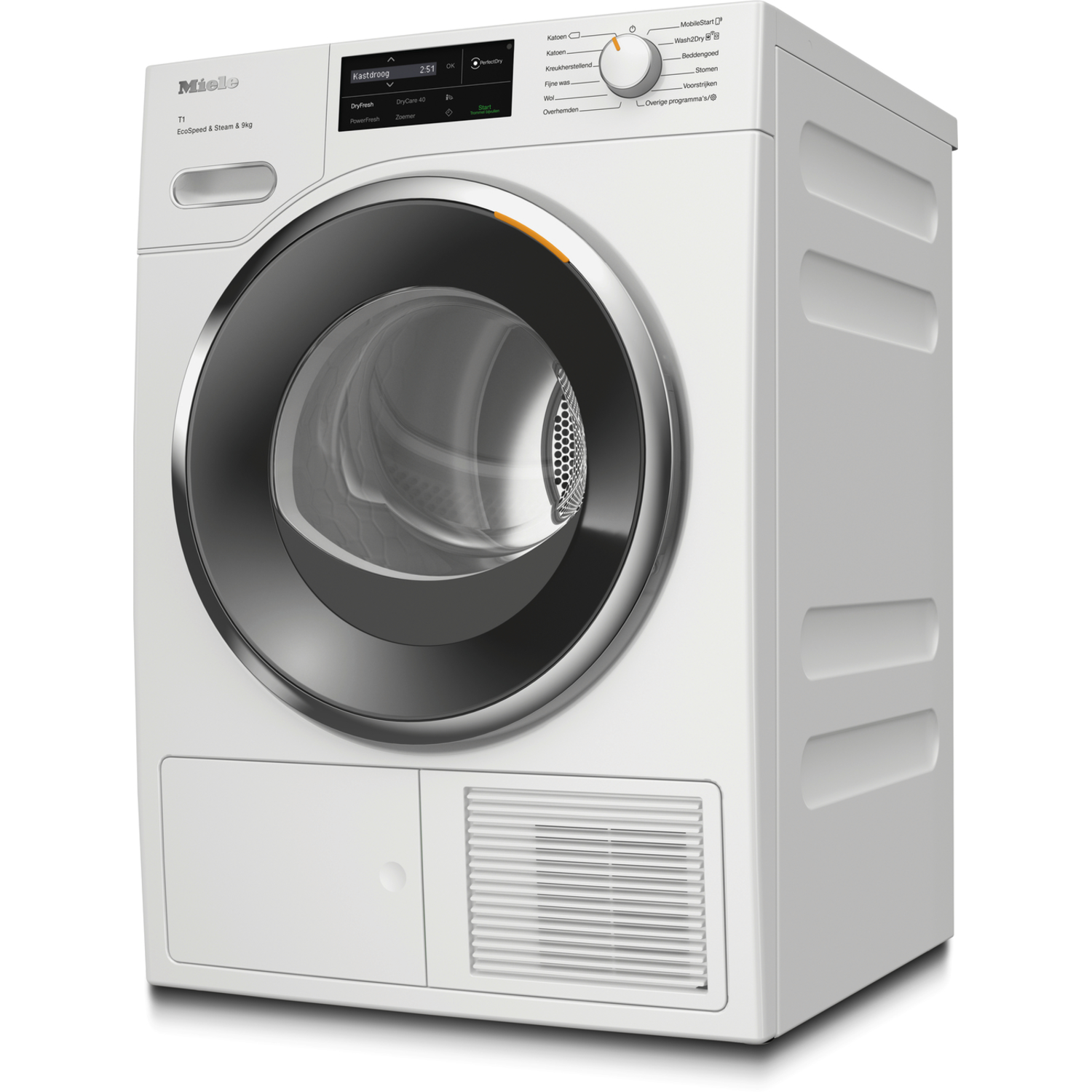 White washing machine and dryer with a round black door.
