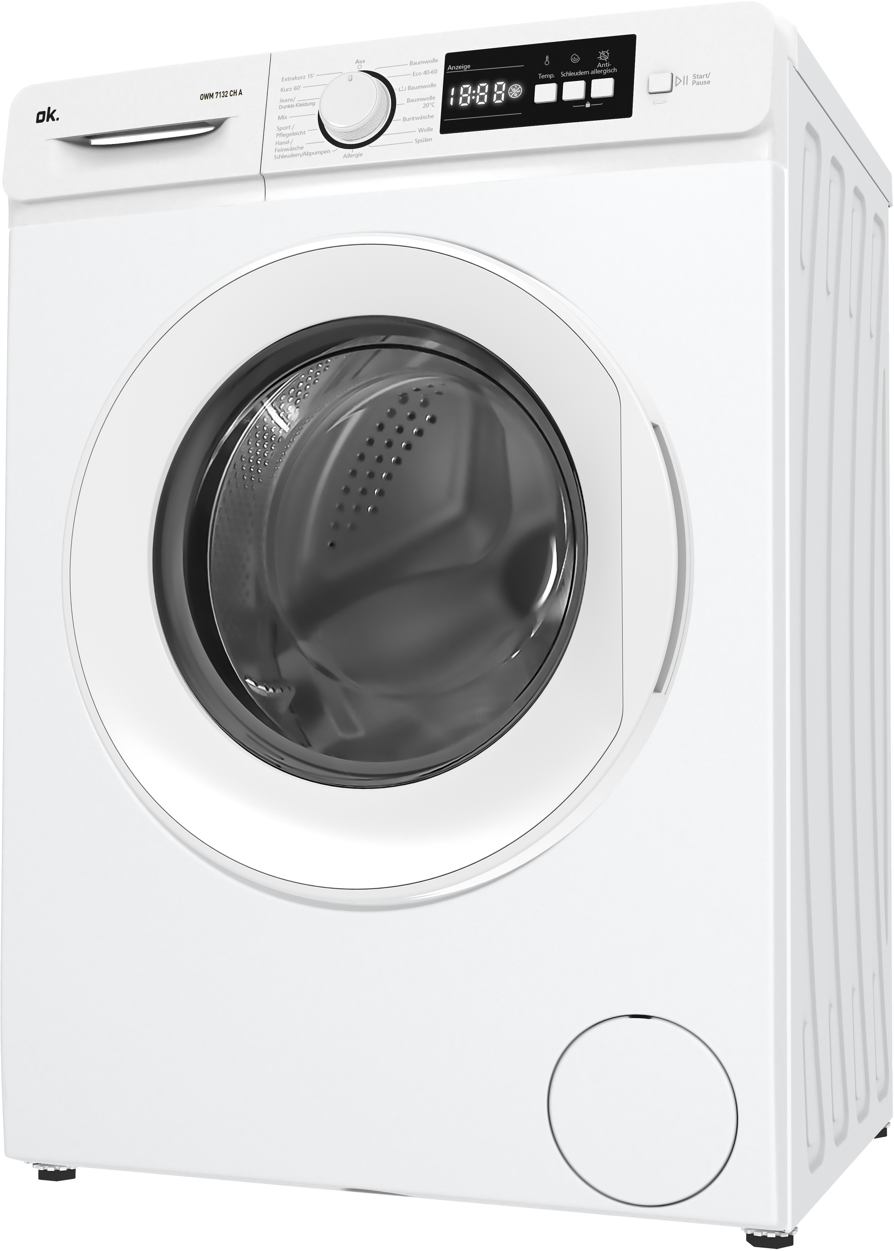 Lave-linge blanc avec porte frontale. Il a un panneau de contrôle en haut.