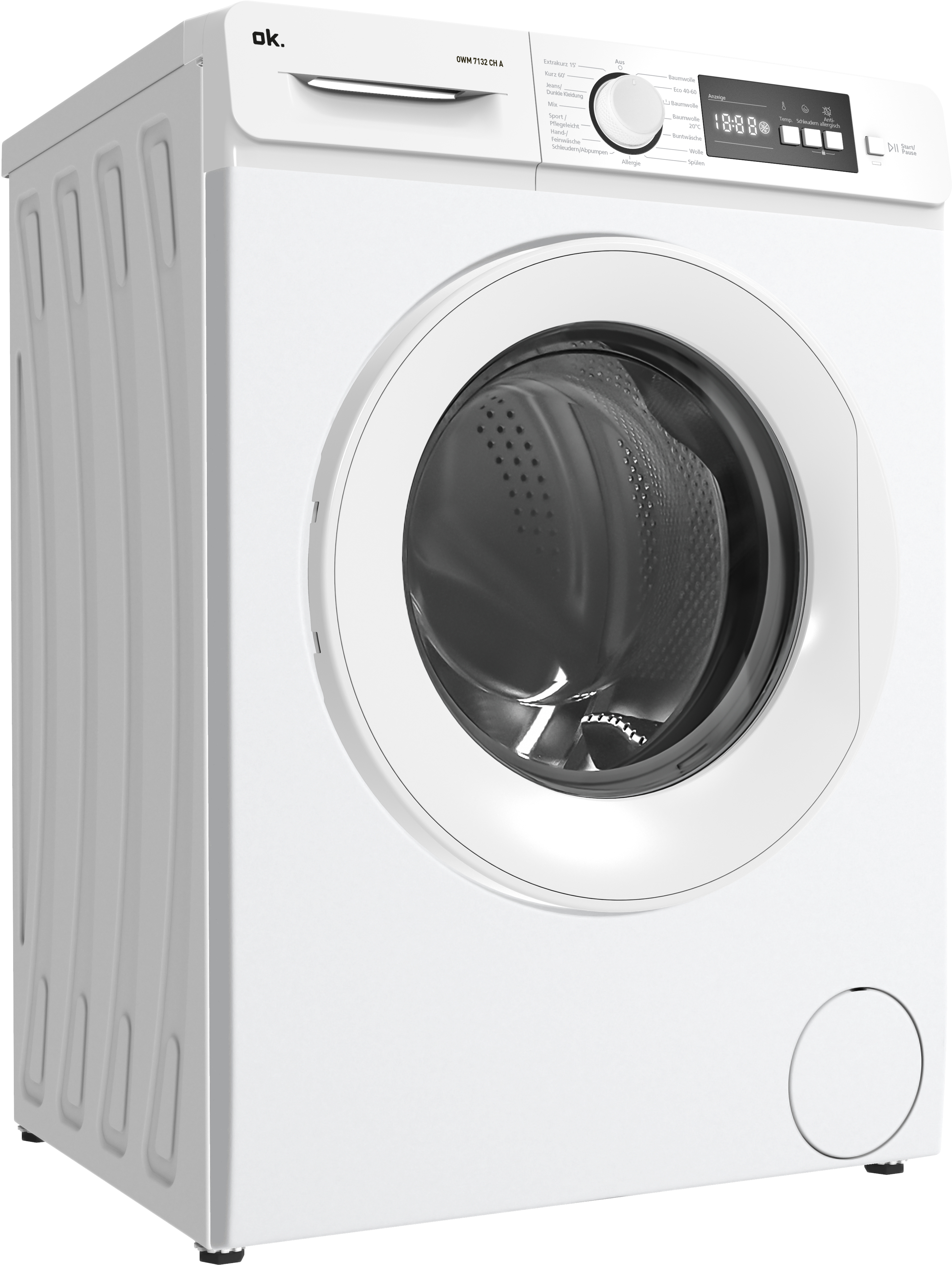 Machine à laver blanche, vue de face. Elle a une porte ronde et un panneau de commande.