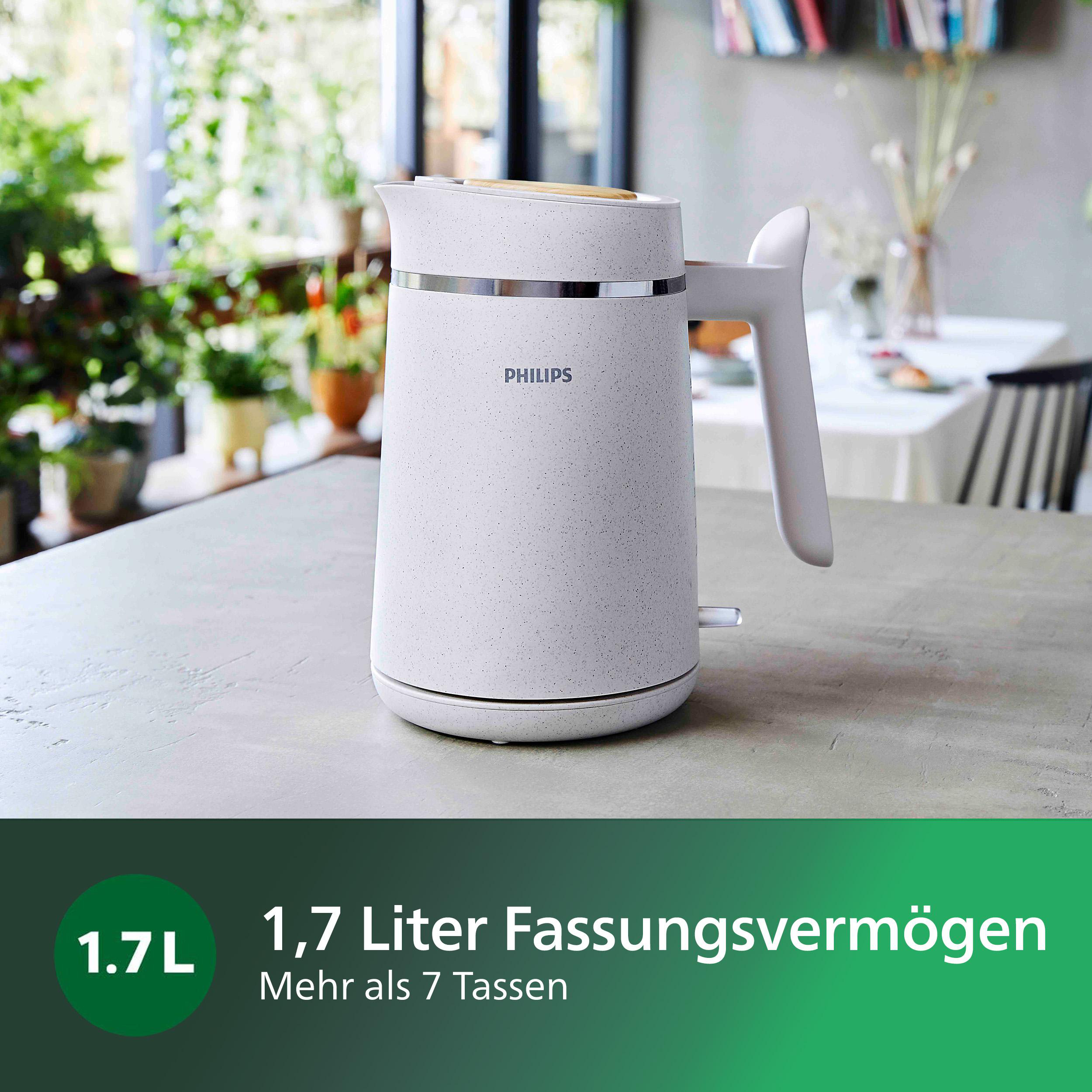 Weißer Wasserkocher auf einer Oberfläche. Zeigt Griff und Teil des Körpers. Text auf Deutsch.