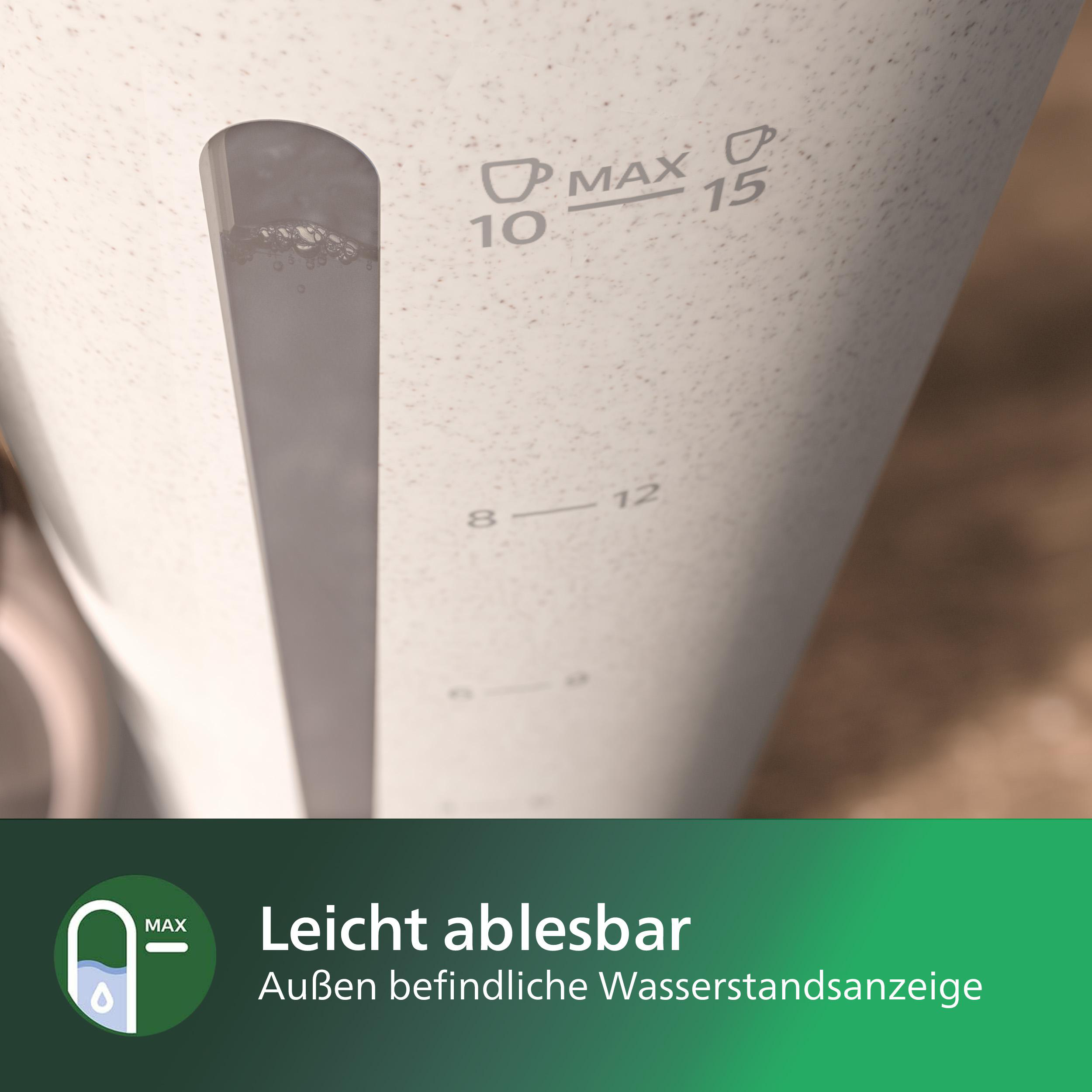 Nahaufnahme eines weißen Wasserkochers. Zeigt Wasserstandmarkierungen. Text auf Deutsch.