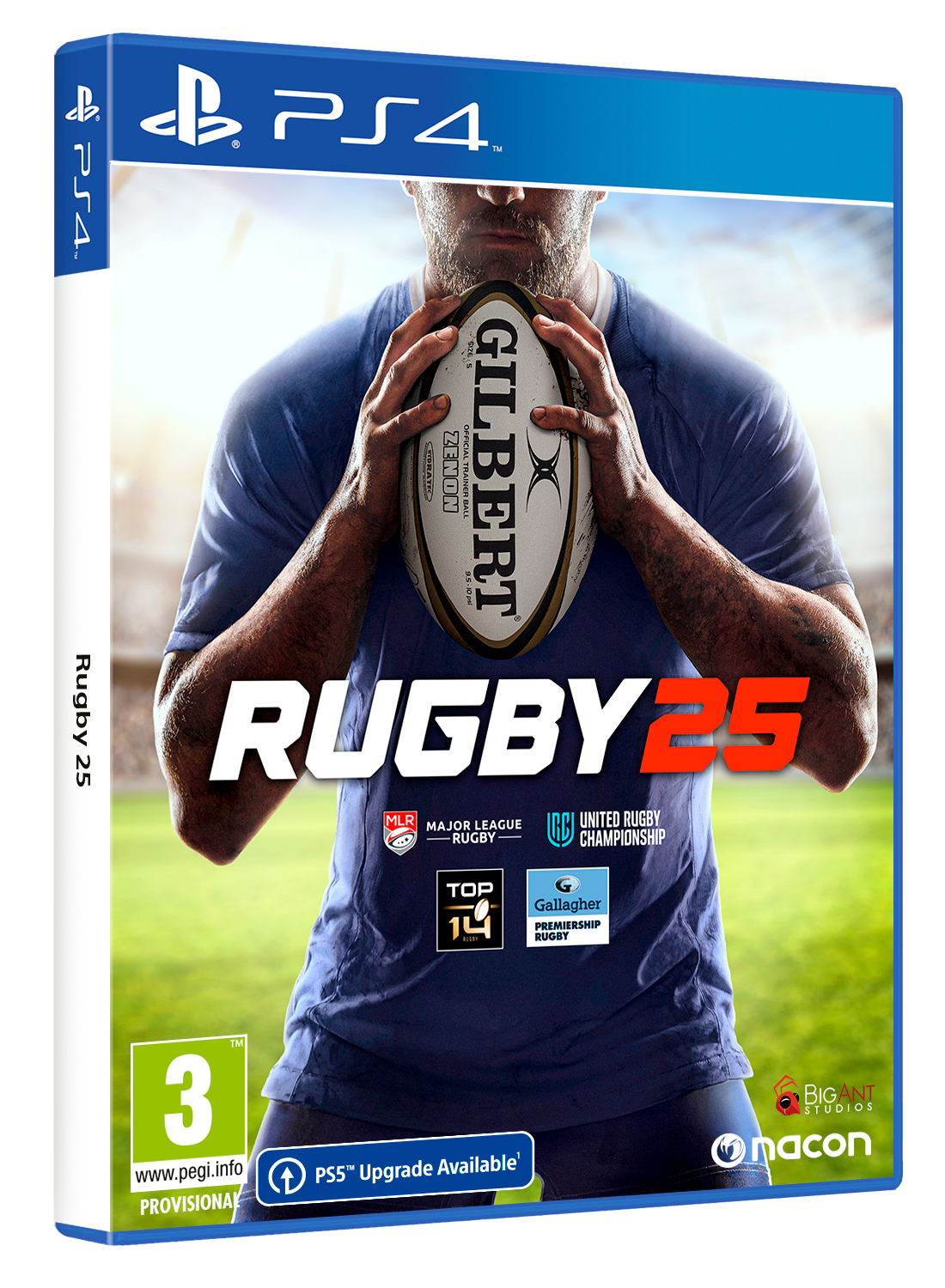 Caja de juego PS4: Rugby 25. Un jugador sostiene un balón de rugby, con logotipos y clasificaciones.