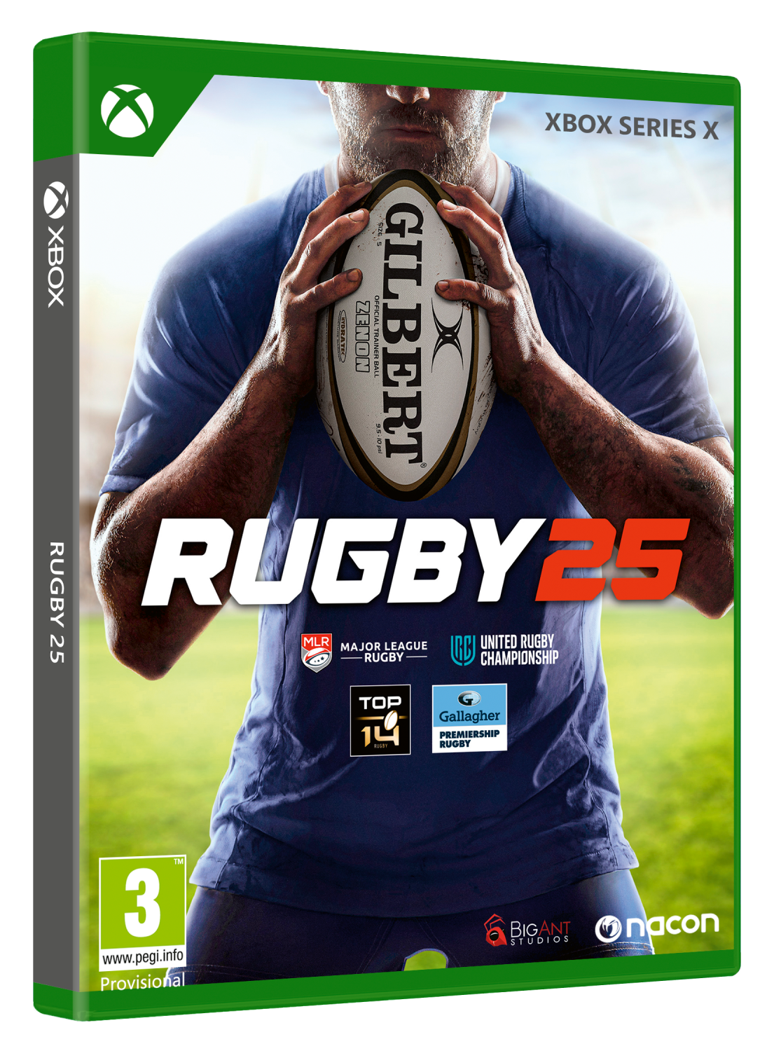 Caja de juego Xbox Series X: Rugby 25. Un jugador sostiene un balón de rugby con logotipos y clasificaciones.