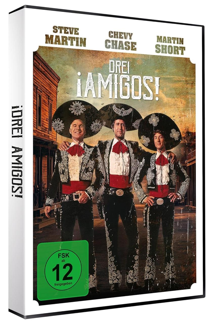 DVD-Cover des Films "¡Drei Amigos!" mit drei Männern in Kostümen.