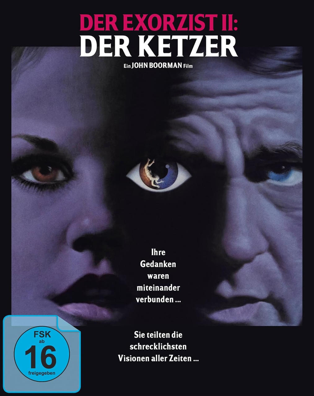 Filmposter für 'Der Exorzist II: Der Ketzer' mit zwei Gesichtern und einem Auge.