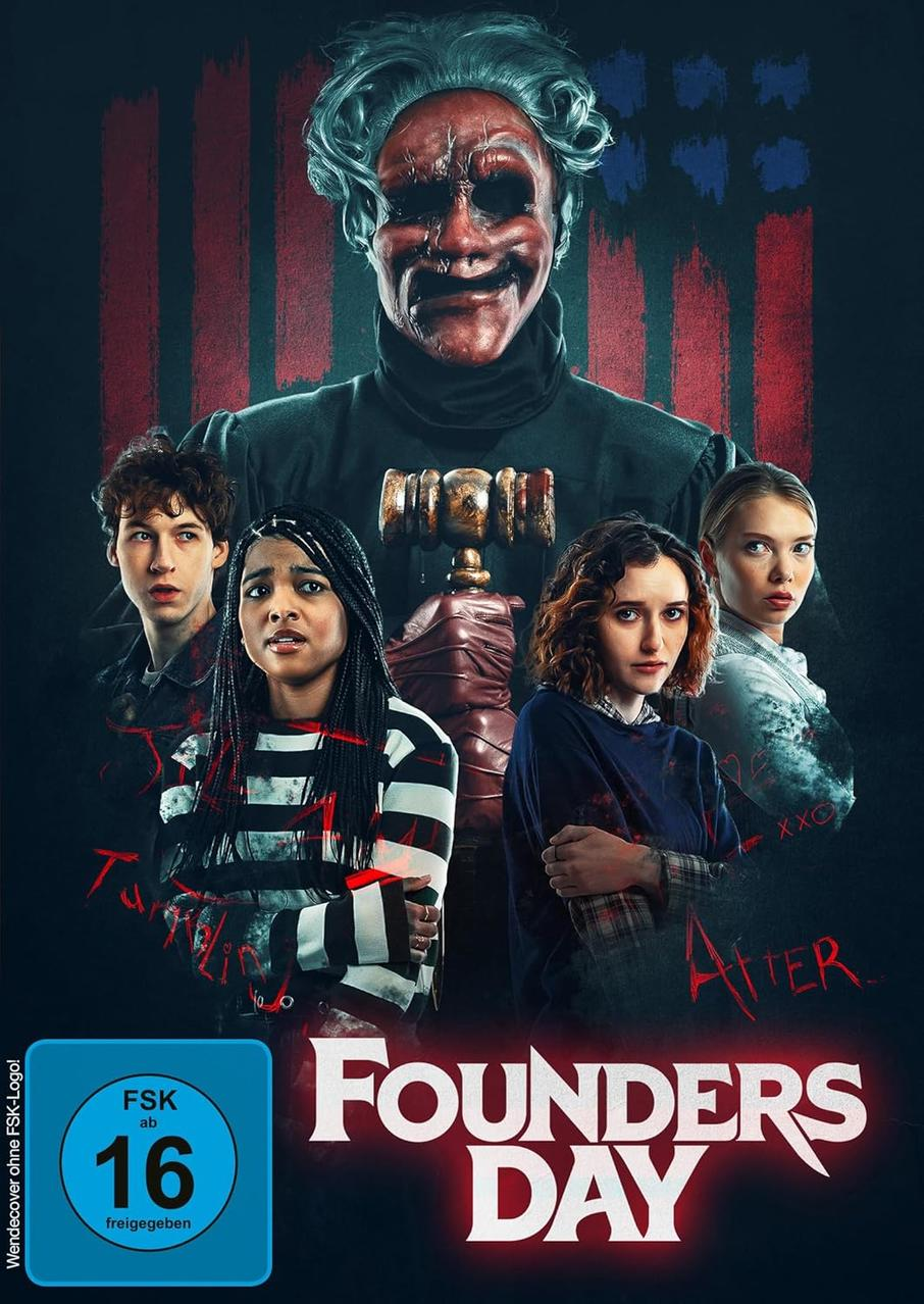 DVD-Cover von "Founders Day" mit einer Gruppe von Leuten und einer bedrohlichen Figur.