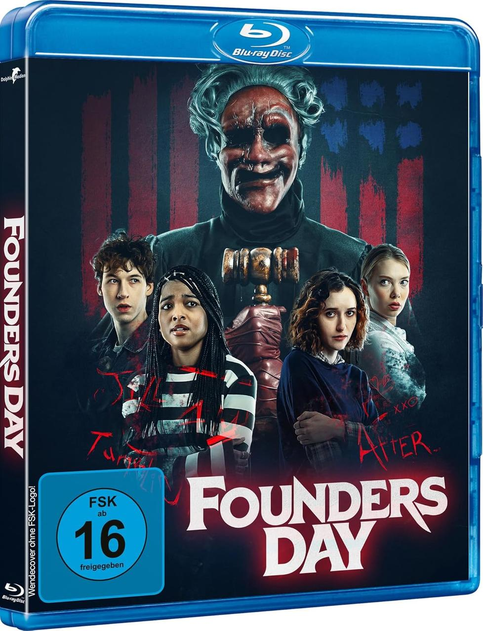 DVD-Cover für "Founders Day" mit einer Gruppe von Leuten in einem Horror-Setting.