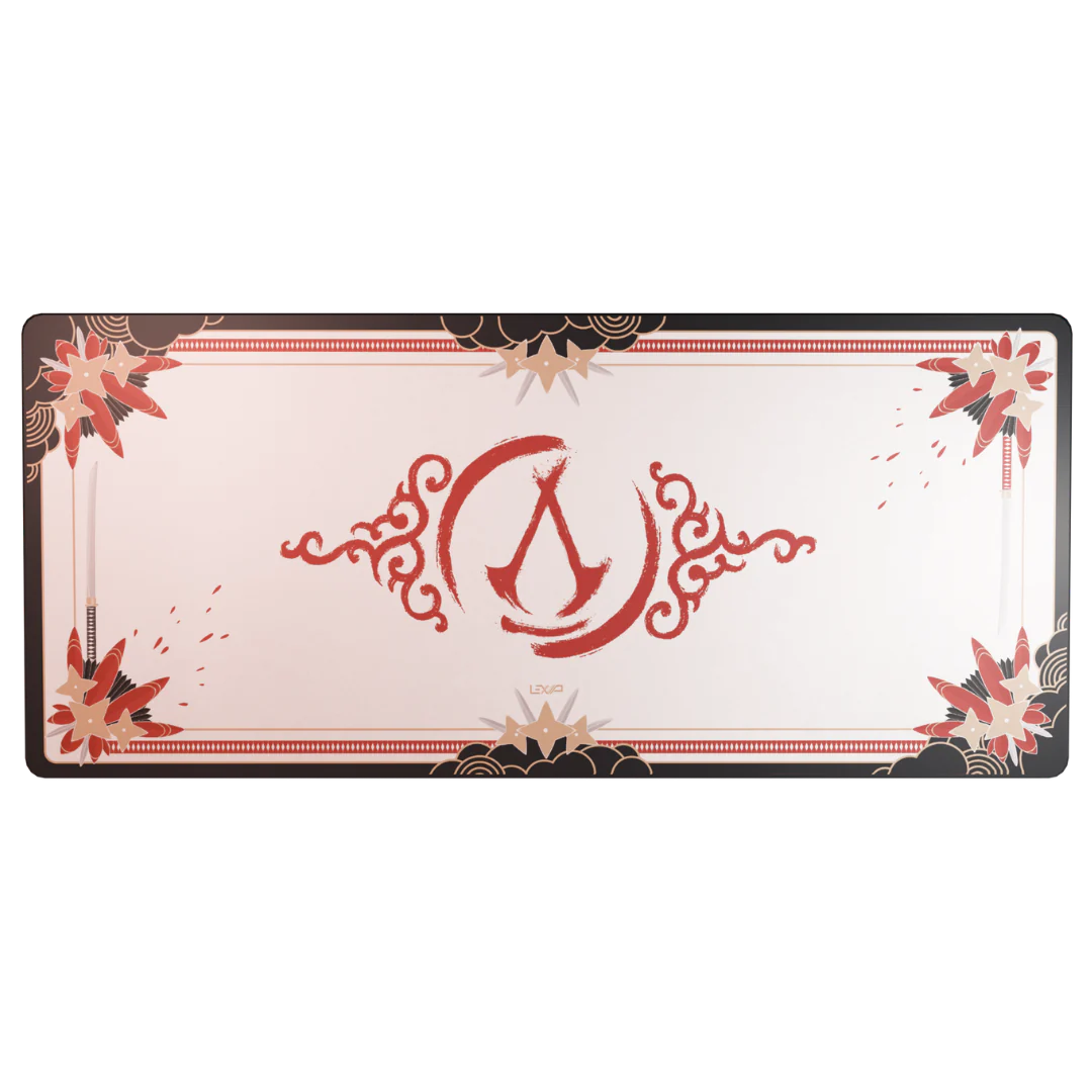 Podkładka pod mysz z logo Assassins Creed, czerwono-biała, na czarnym tle.