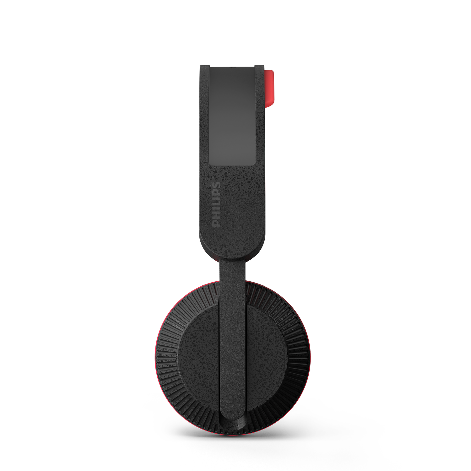 Een zwarte en rode Philips-headset met een textuur van waterdruppels.