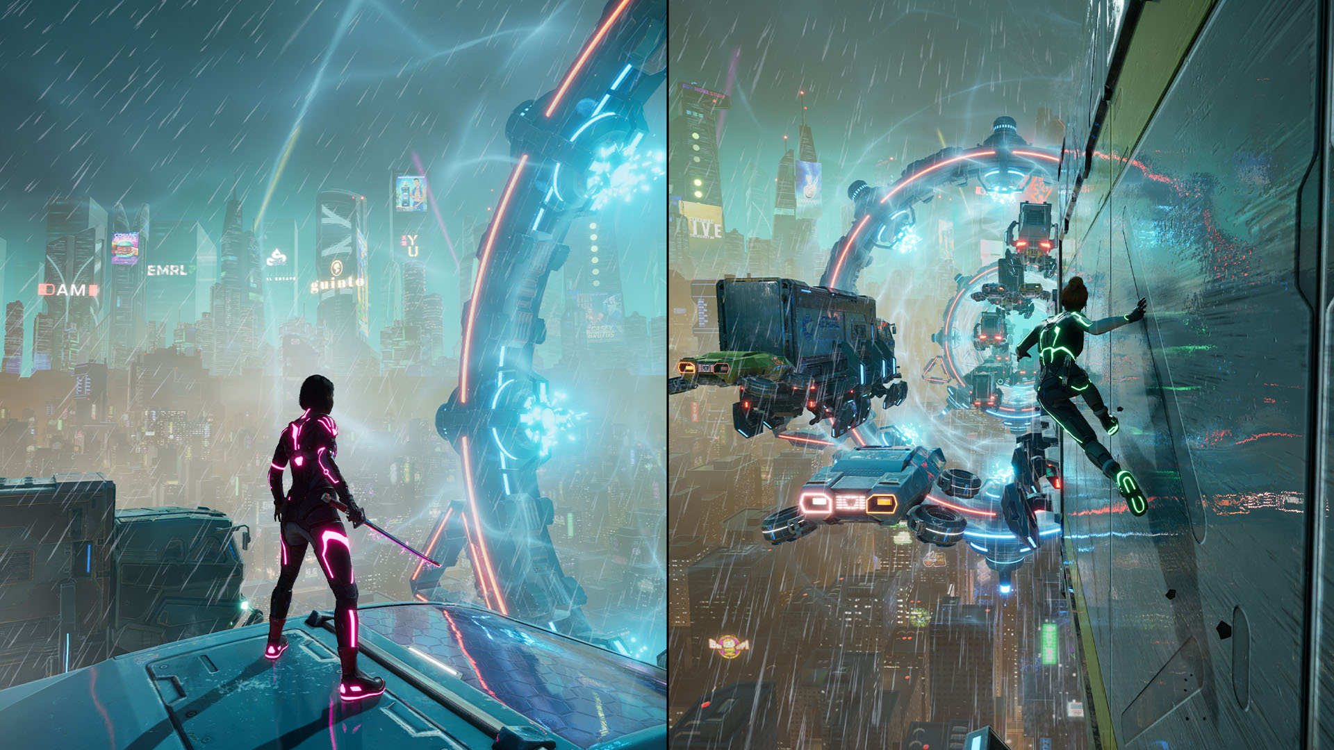 Eine futuristische Stadtlandschaft mit einer Figur in Neonanzug, Regen fällt.