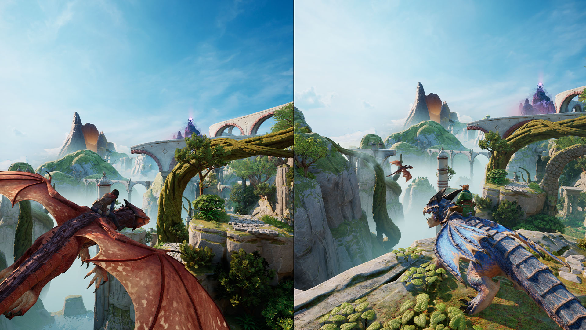 Zwei Drachen fliegen über einer Fantasielandschaft mit Brücken und Burgen.