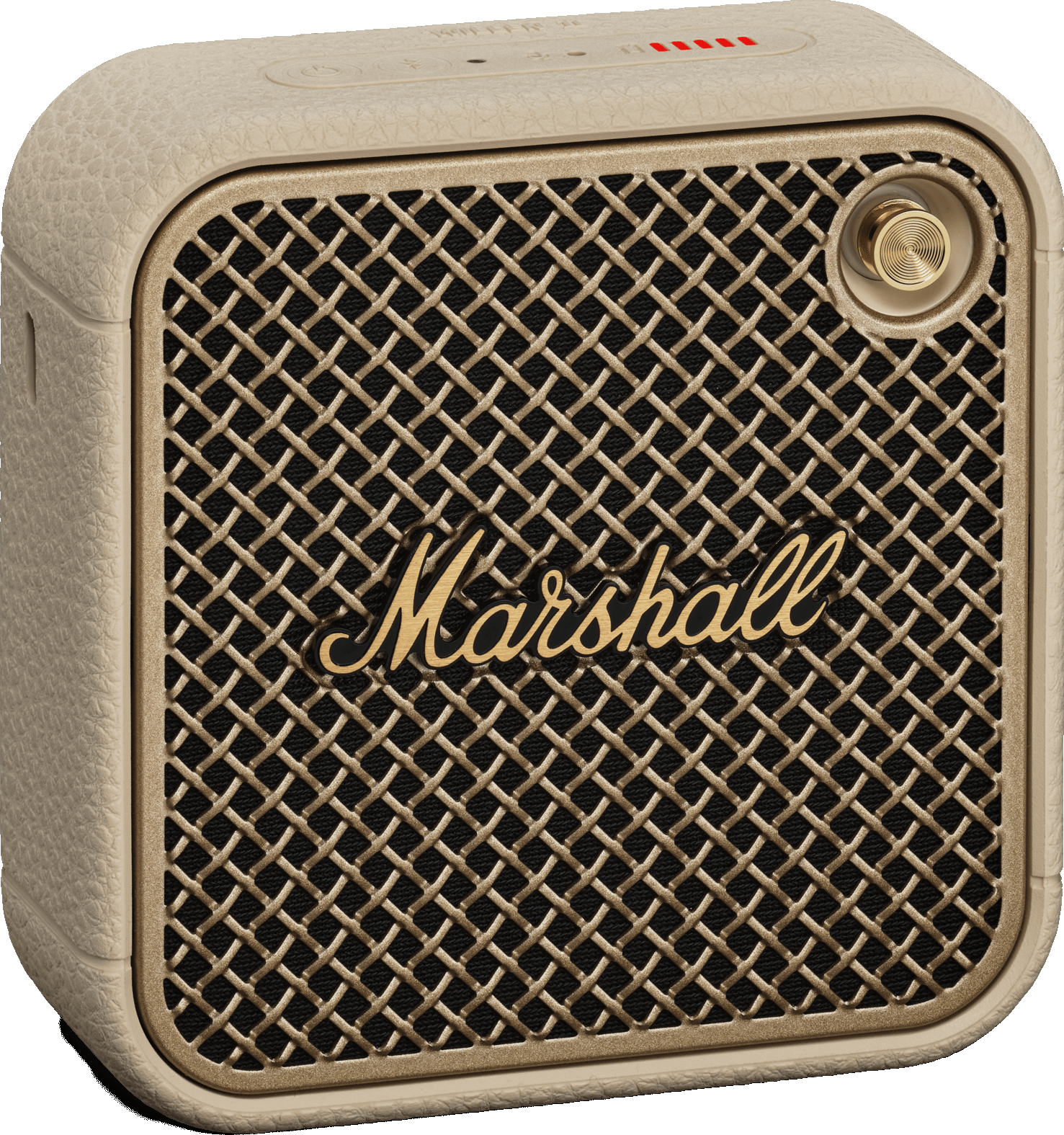 Nahaufnahme eines cremefarbenen Marshall-Lautsprechers mit goldener Gitterblende und Logo.