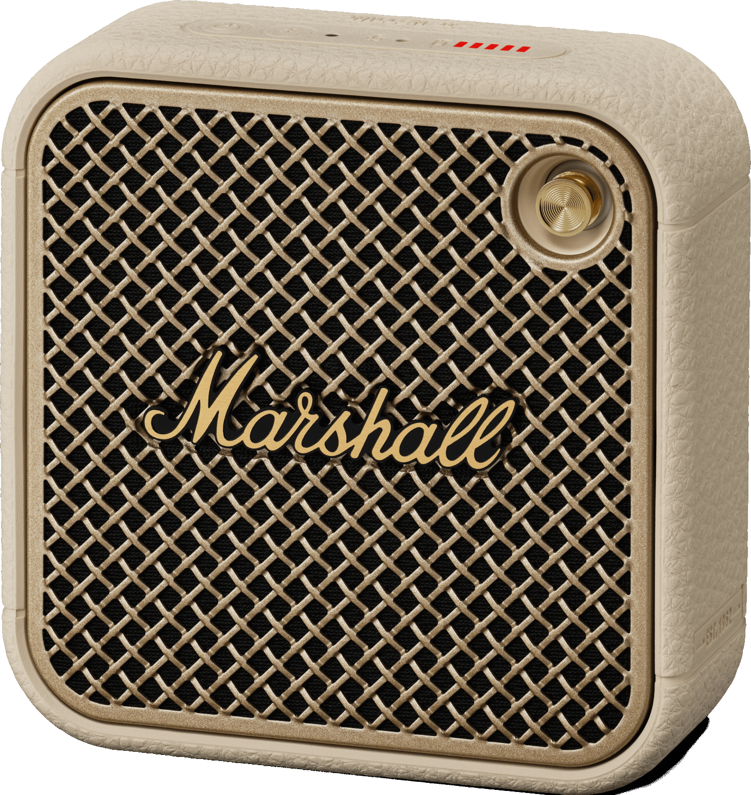 Nahaufnahme eines cremefarbenen Marshall-Lautsprechers mit goldener Gitterblende und Logo.