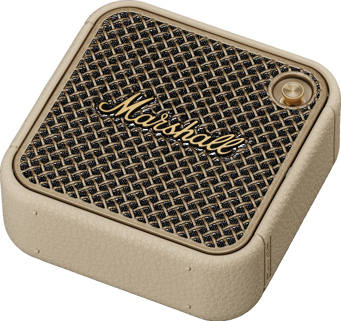 Schräge Ansicht eines cremefarbenen Marshall-Lautsprechers mit goldener Gitterblende.