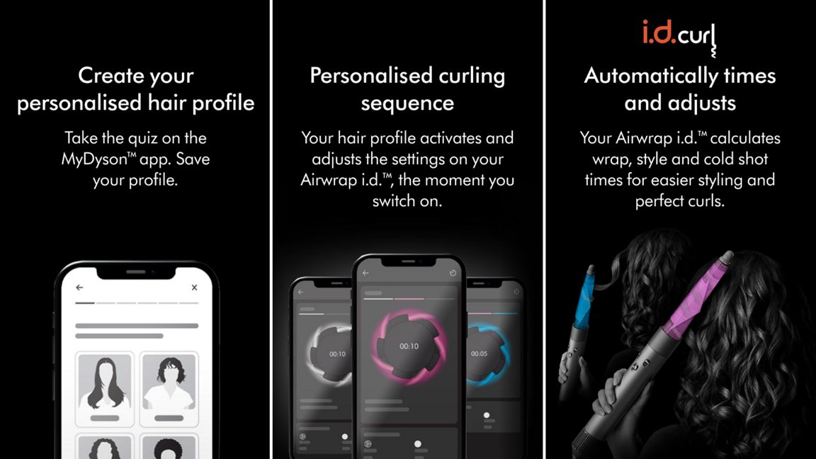 Schermate che mostrano le funzionalità dell'app MyDyson per un profilo capelli personalizzato.