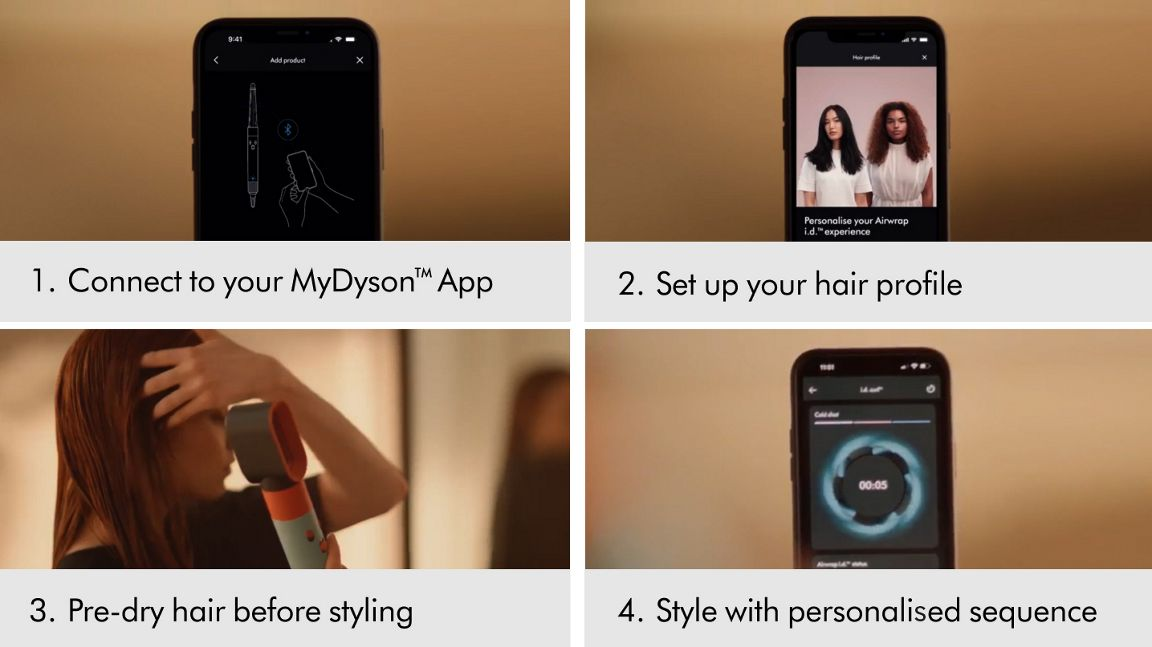 Quattro schermate del telefono mostrano i passaggi: connetti, configura, pre-asciuga e acconcia i capelli.
