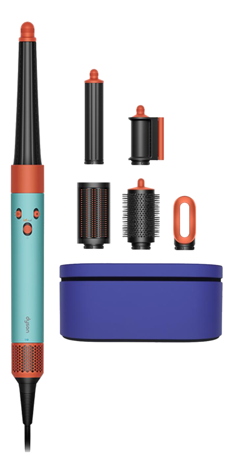 Set per lo styling dei capelli Dyson. Turchese e arancione, con vari accessori, custodia e testo.