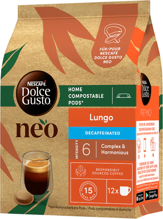 Kaffeepackung mit einer Tasse Kaffee, den Wörtern 'Lungo' und 'Decaffeinated'.
