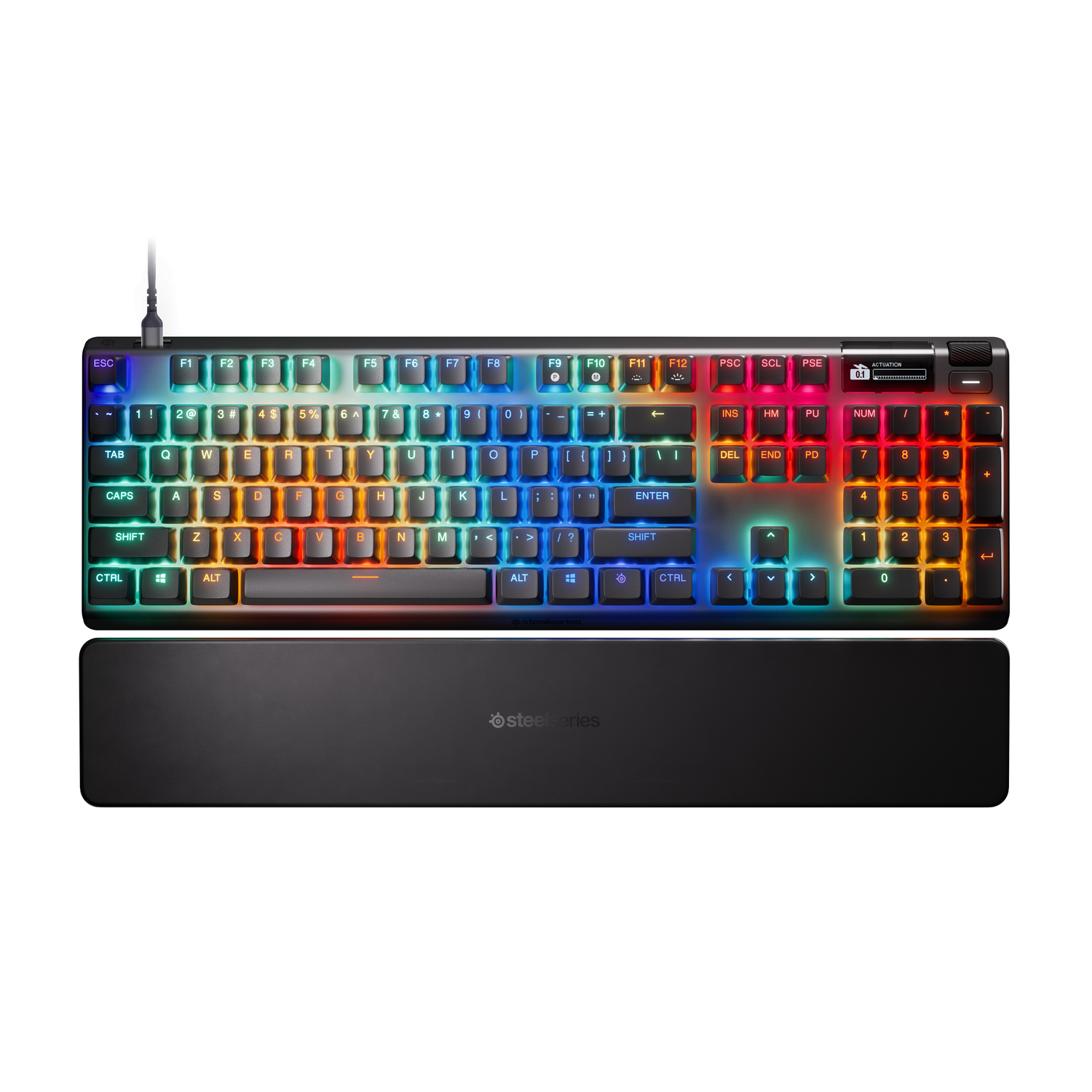 Black SteelSeries keyboard with multi-colored keys, a wrist rest, and a cable.