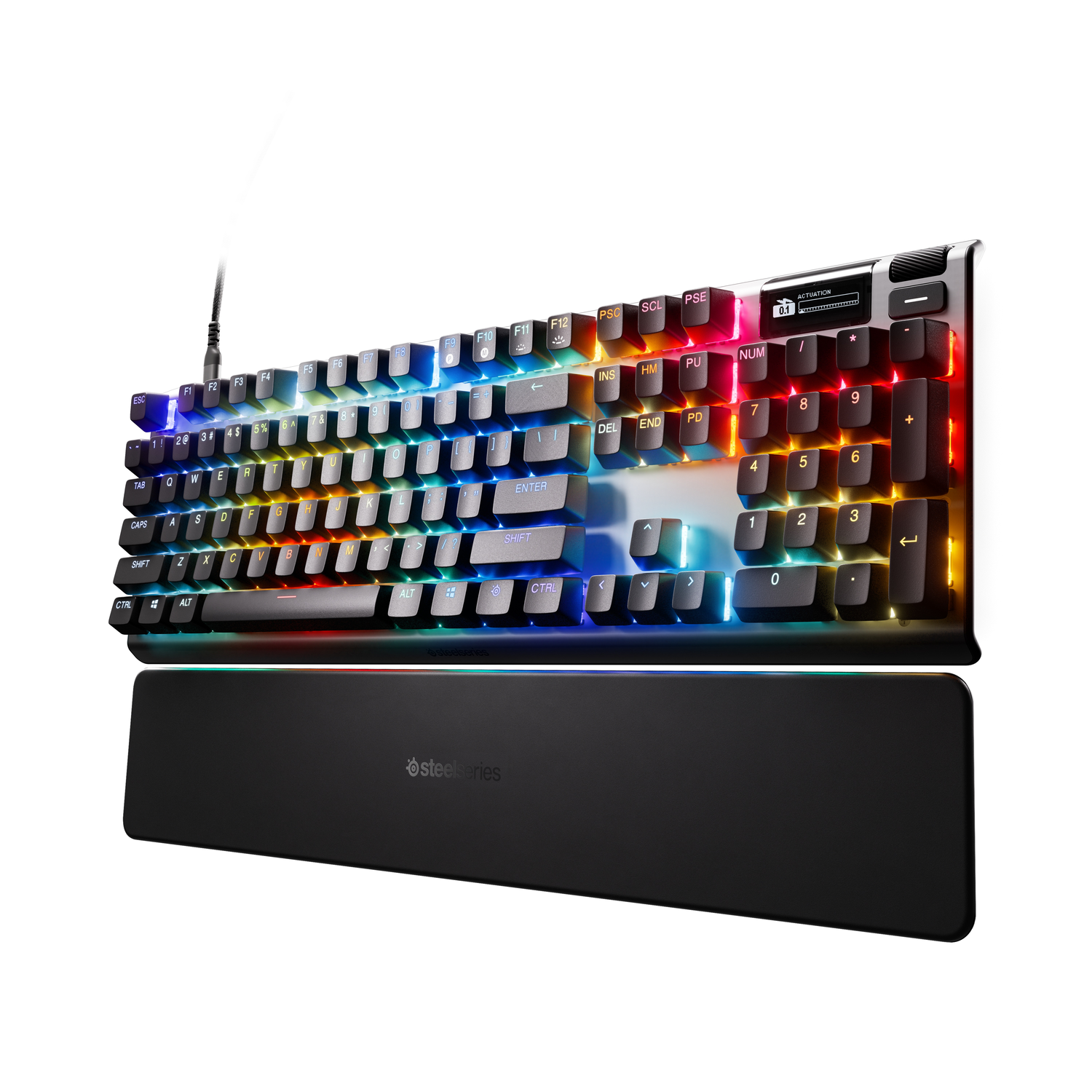 RGB keyboard with wrist rest. Keys are black. Rainbow lighting.