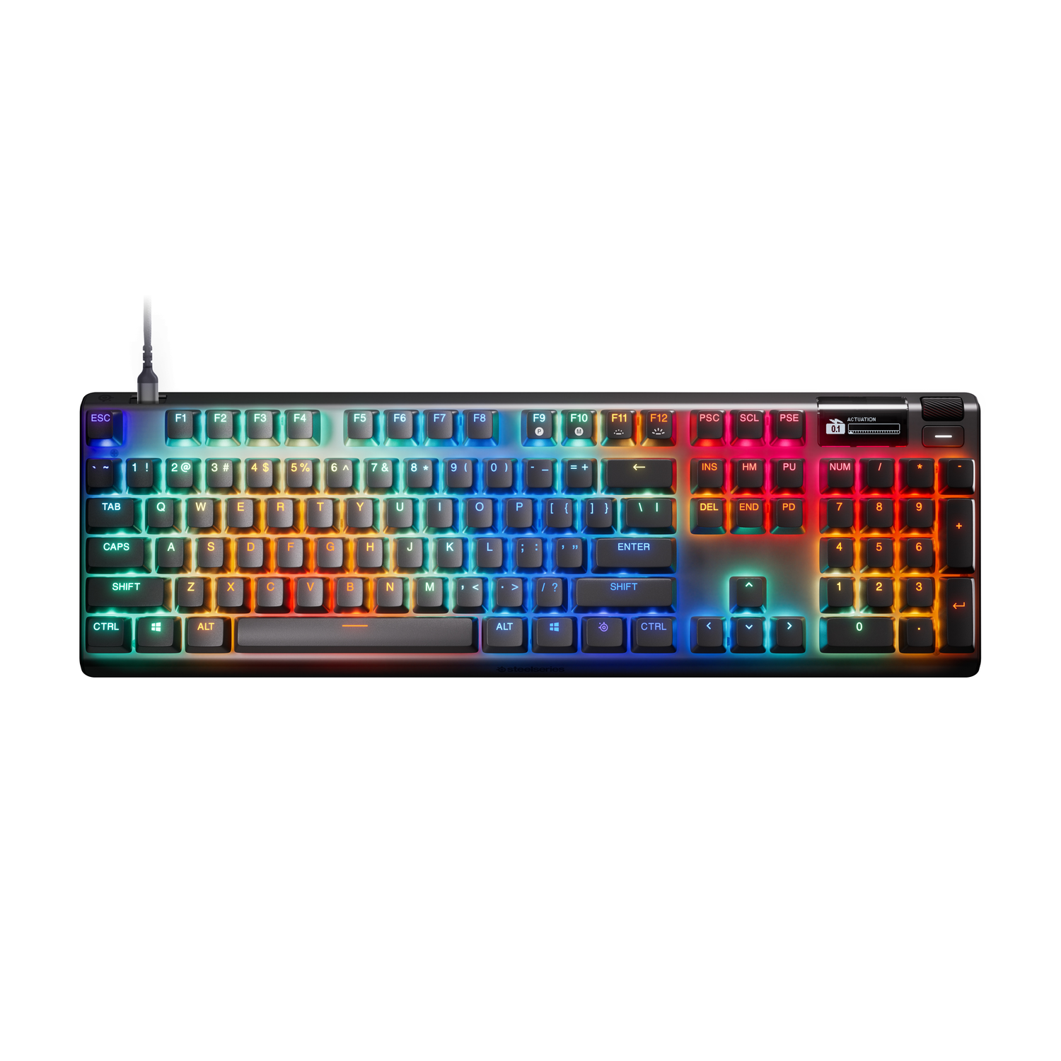 Black SteelSeries keyboard with multi-colored keys, a wrist rest, and a cable.