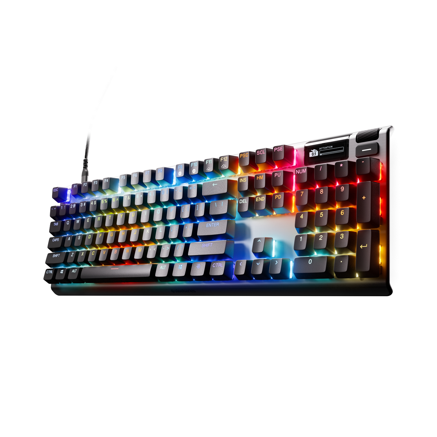 A gaming keyboard with RGB lighting. Keys have multiple colors.