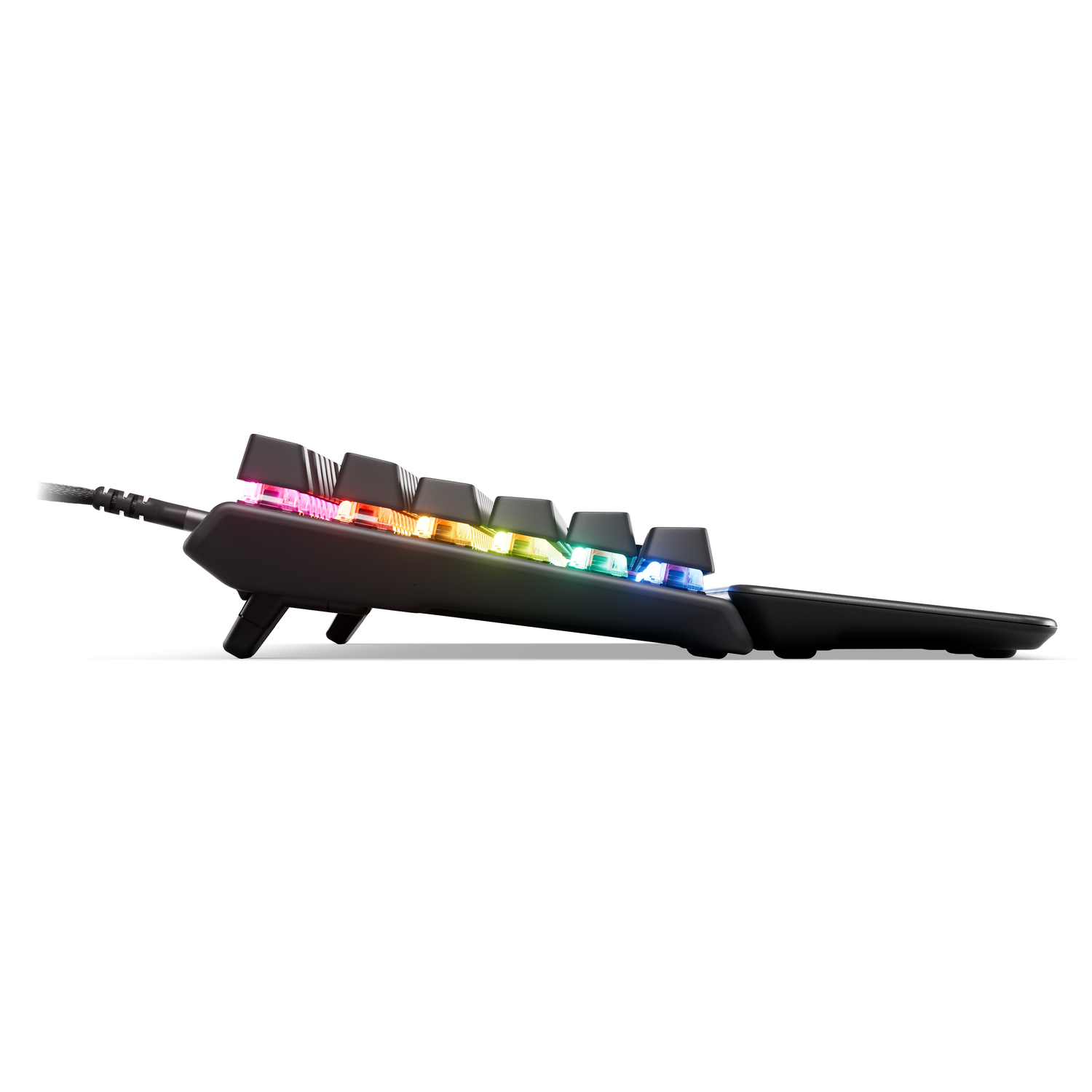 Black keyboard side view with colorful backlit keys, black cable, and white background.