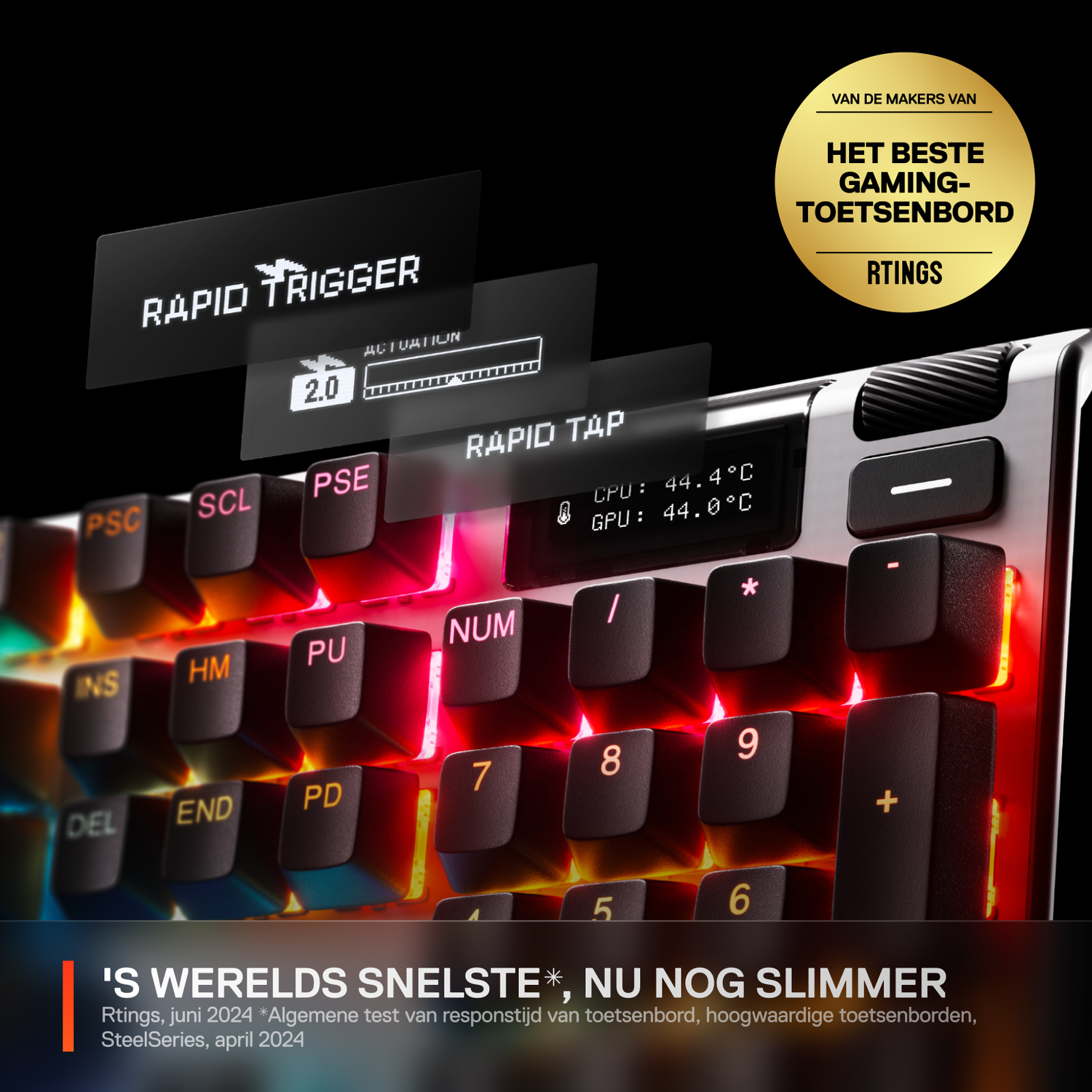 Close-up of a keyboard with glowing keys and overlayed text and graphics, black background.