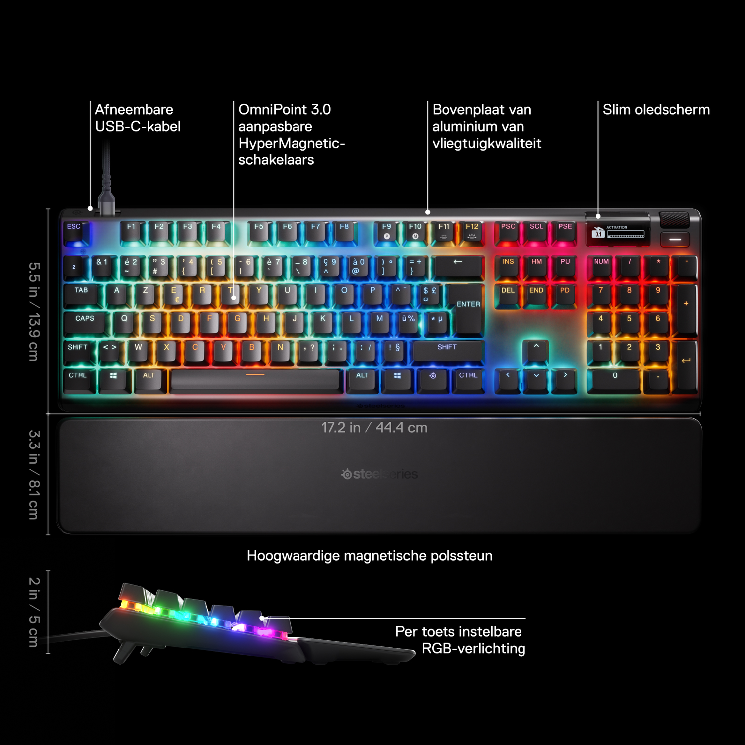 Top view of a keyboard with a wrist rest, with colored backlit keys, black and white background.
